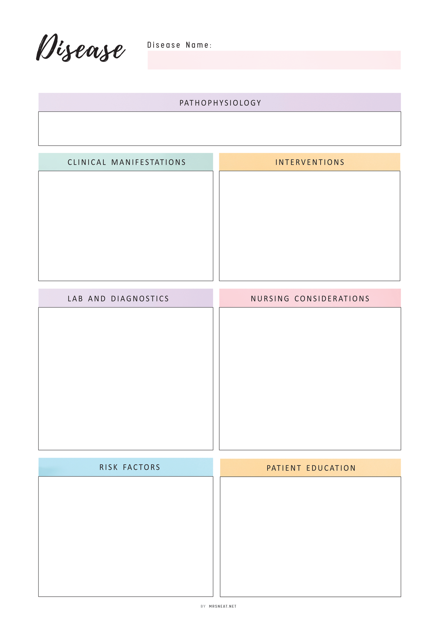 Disease Study Printable, Disease Process Template, Nursing Student Notes, PDF, 2 Colors, A4, A5, Letter, Half Letter, Fillable versions