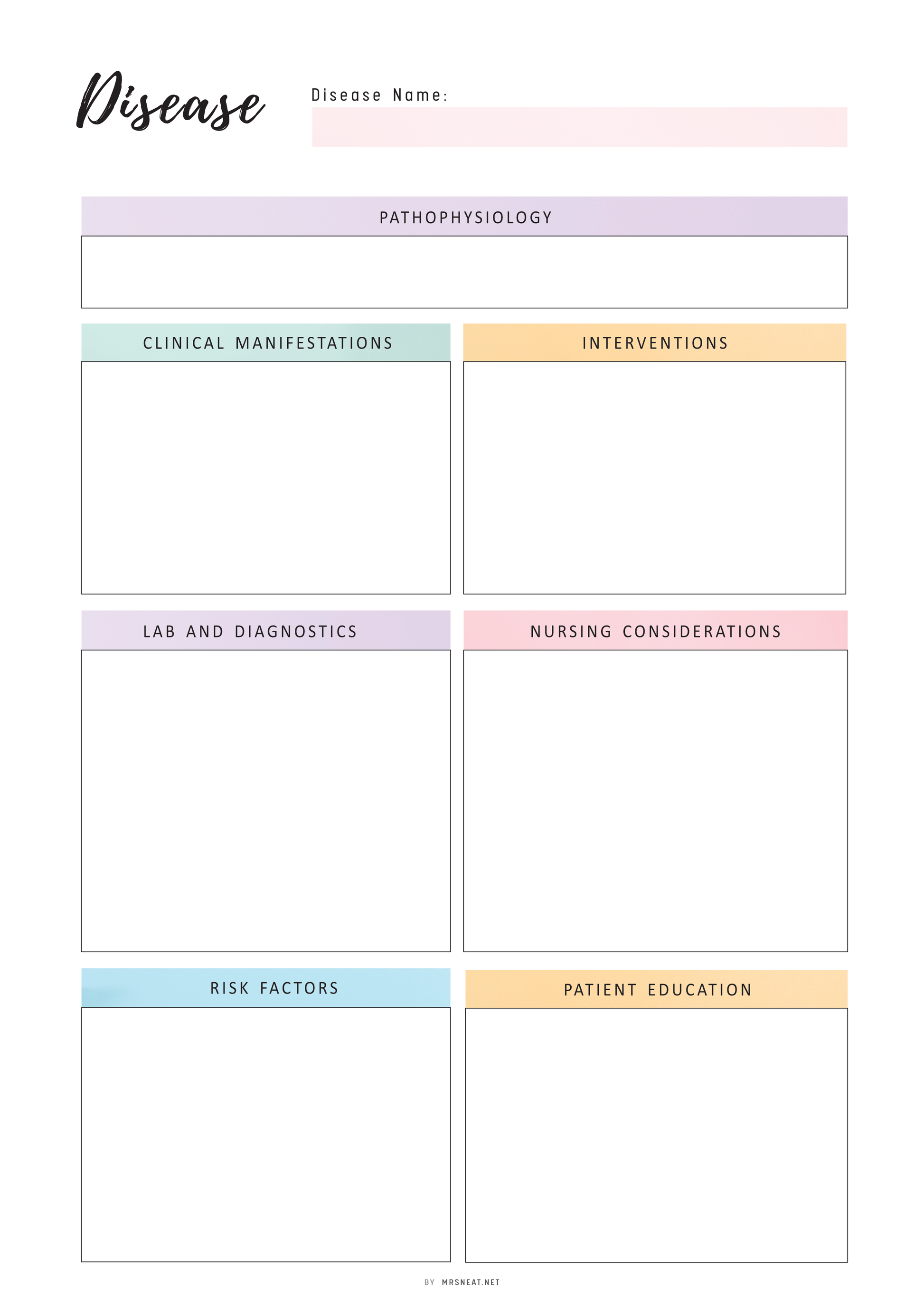 Disease Study Printable, Disease Process Template, Nursing Student Notes, PDF, 2 Colors, A4, A5, Letter, Half Letter, Fillable versions