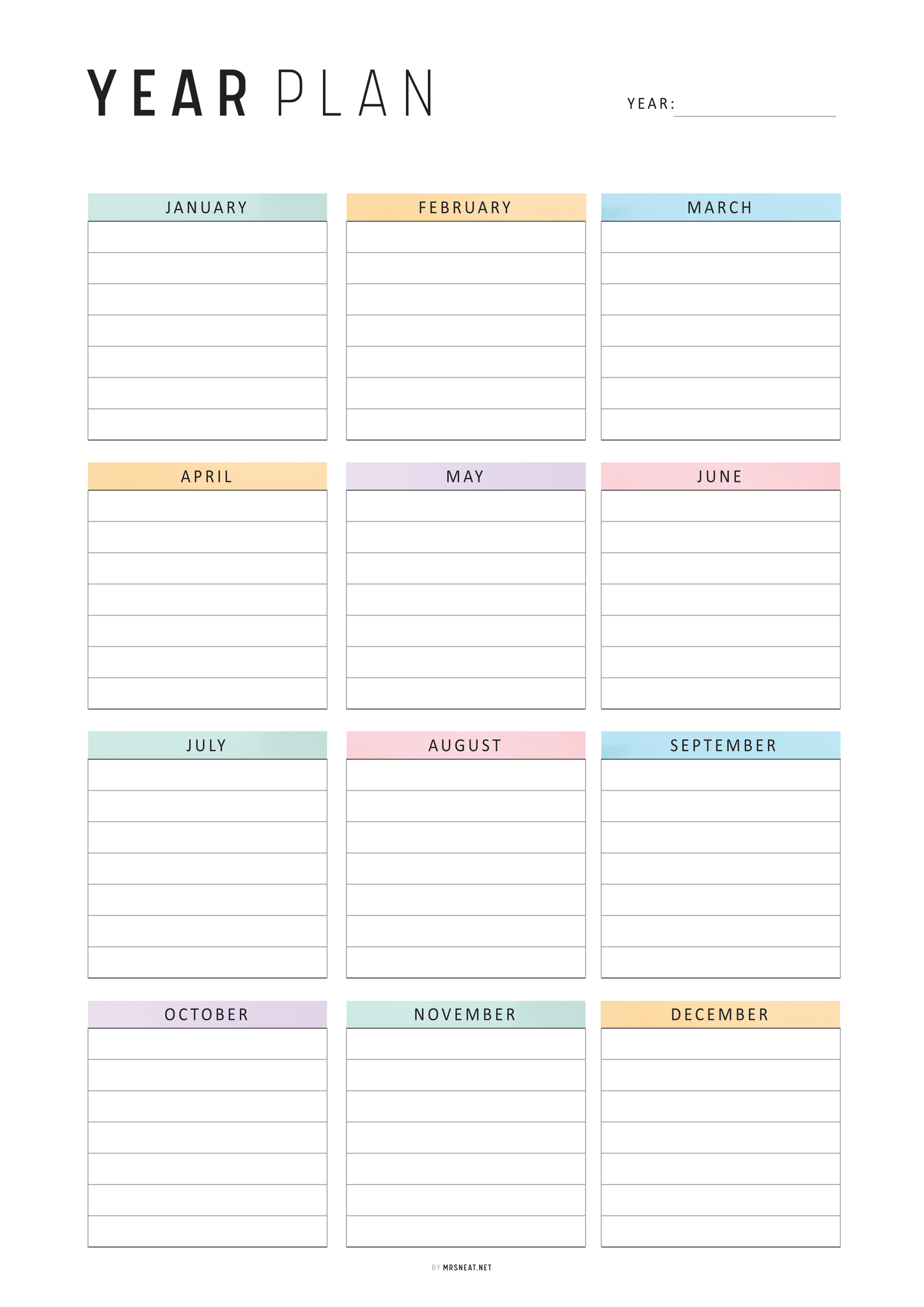 Yearly planner with pastel-colored months on a white background