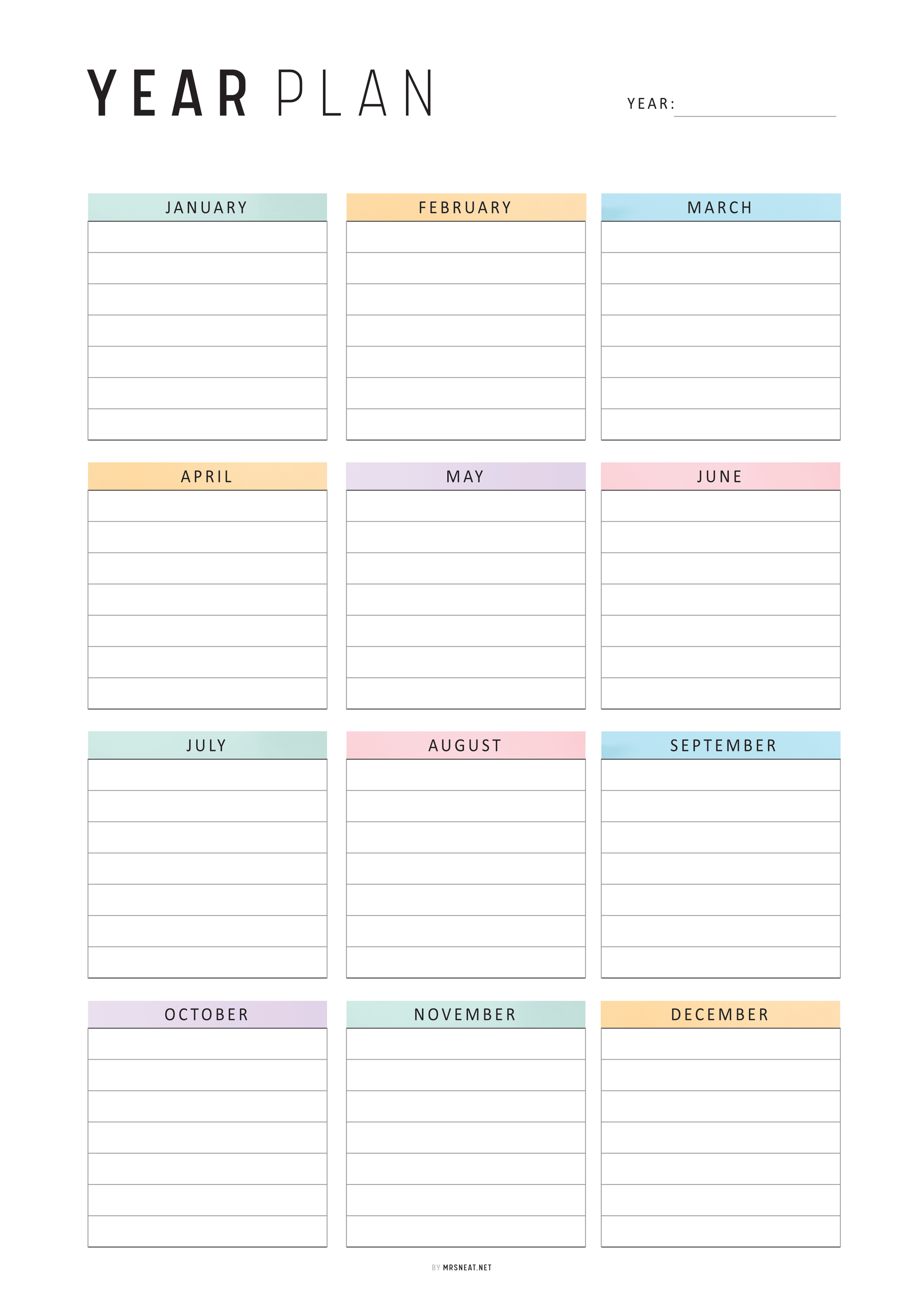 Yearly planner with pastel-colored months on a white background