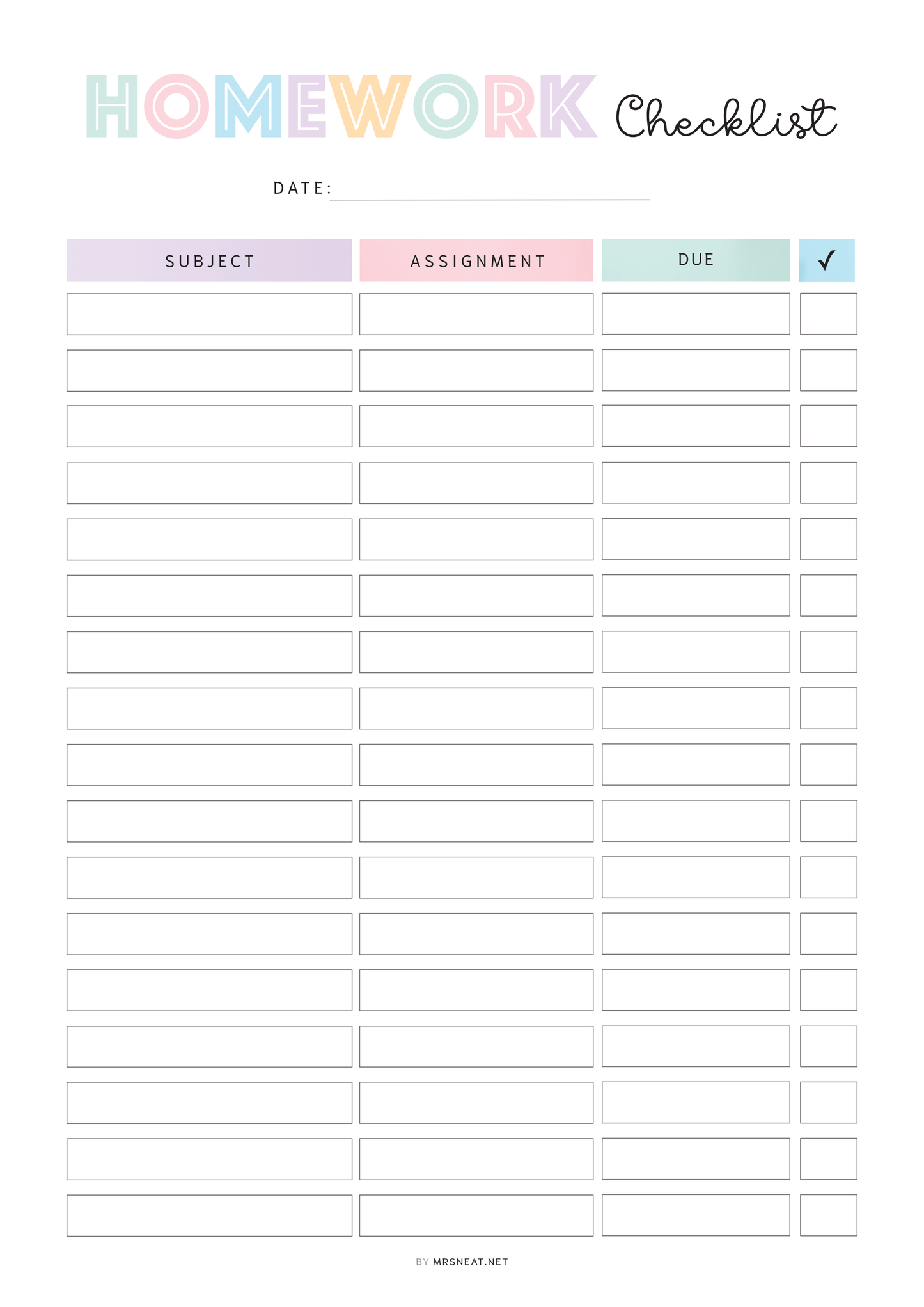 Homework checklist with colorful headers on a white background