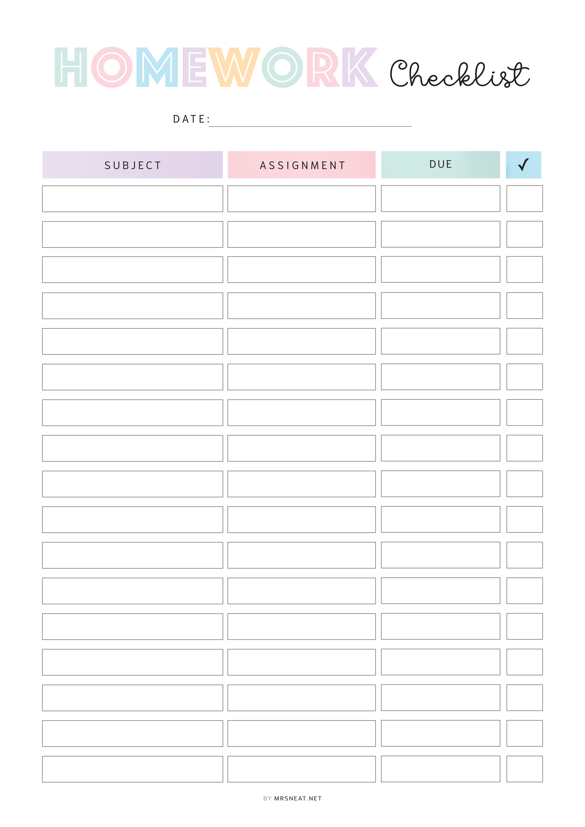 Homework checklist with colorful headers on a white background