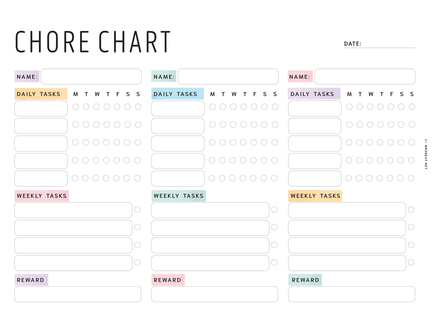 Colorful Weekly Chore Chart for 3 Kids or Adults, Printable Planner, Digital, Fillable version, Sunday & Monday Start, PDF