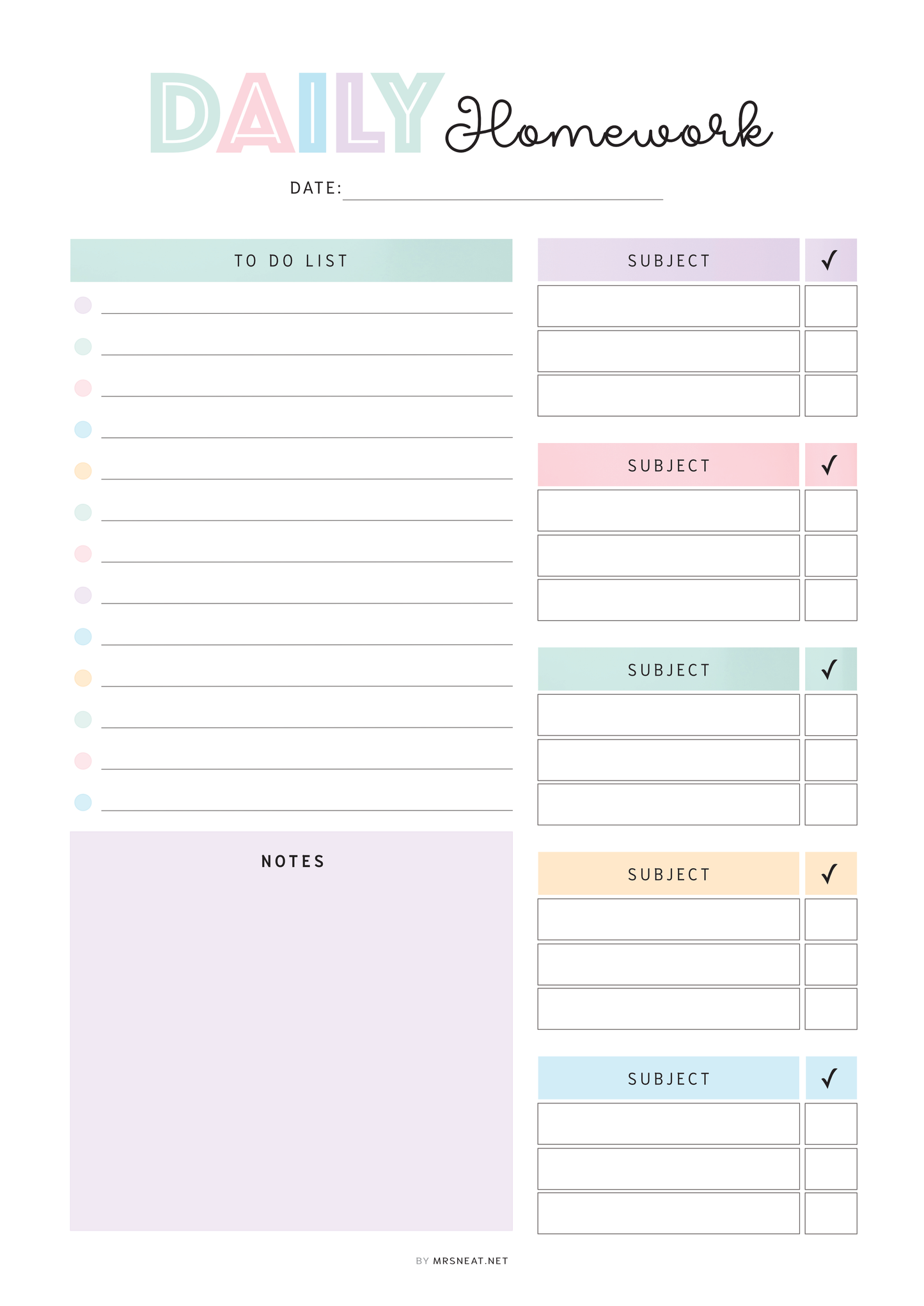 Daily homework planner with sections for to-do list, subject, notes, and checkboxes.