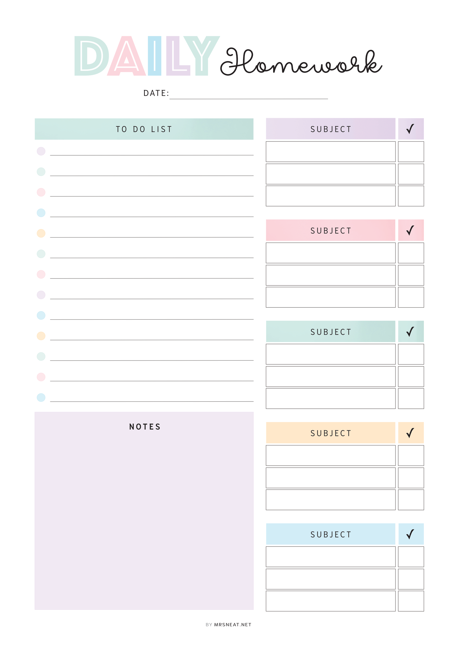 Daily homework planner with sections for to-do list, subject, notes, and checkboxes.