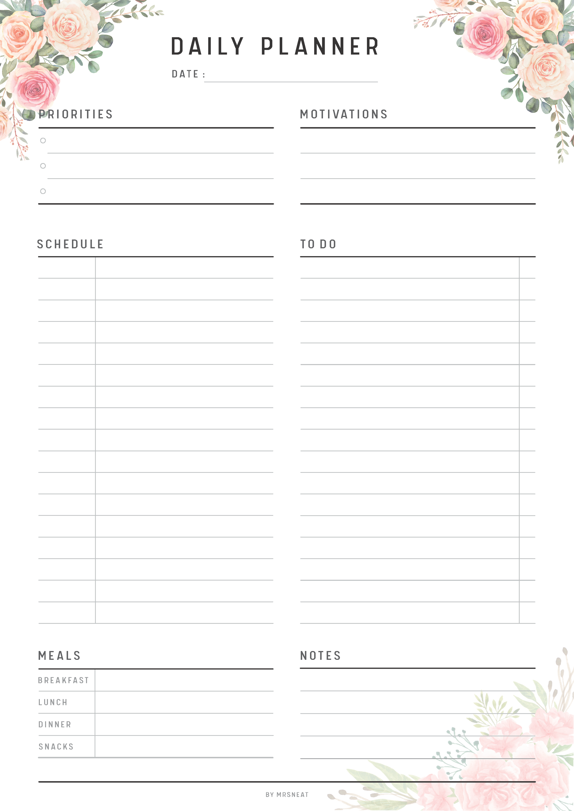 Daily planner with floral designs on a white background