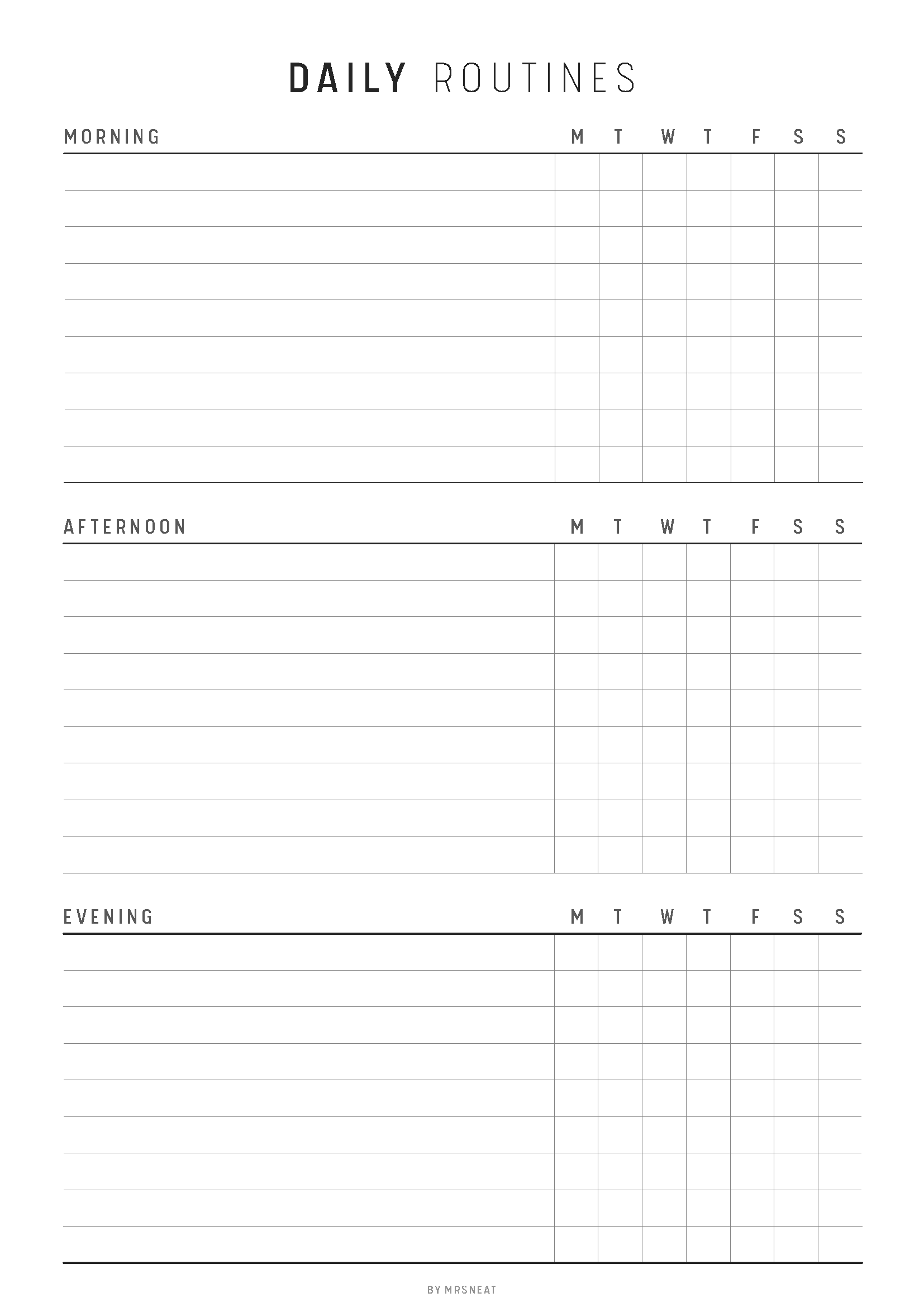Daily routines planner with time slots for morning, afternoon, and evening.