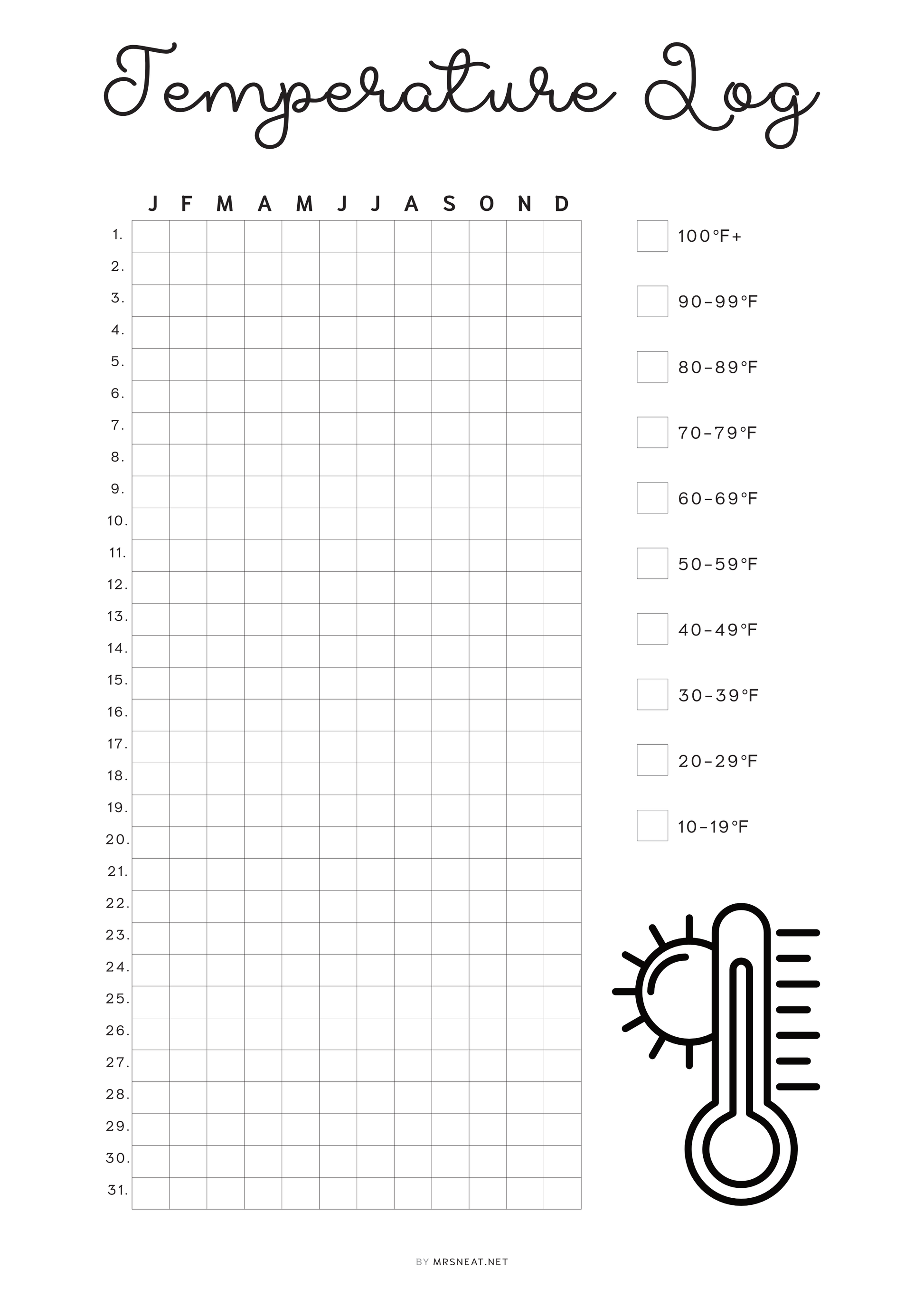 Temperature Log Template Printable PDF, Fahrenheit, Celsius temperature log, Minimalist Planner, Digital Planner, A4, A5, Letter, Half Letter