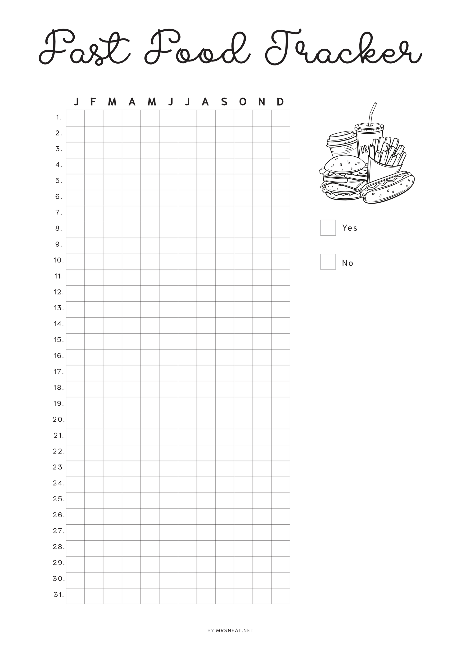 Fast Food Tracker Template Printable PDF, A4, Letter, Half Letter, A5, Digital Planner, Minimalist Planner, pre-filled & blank template