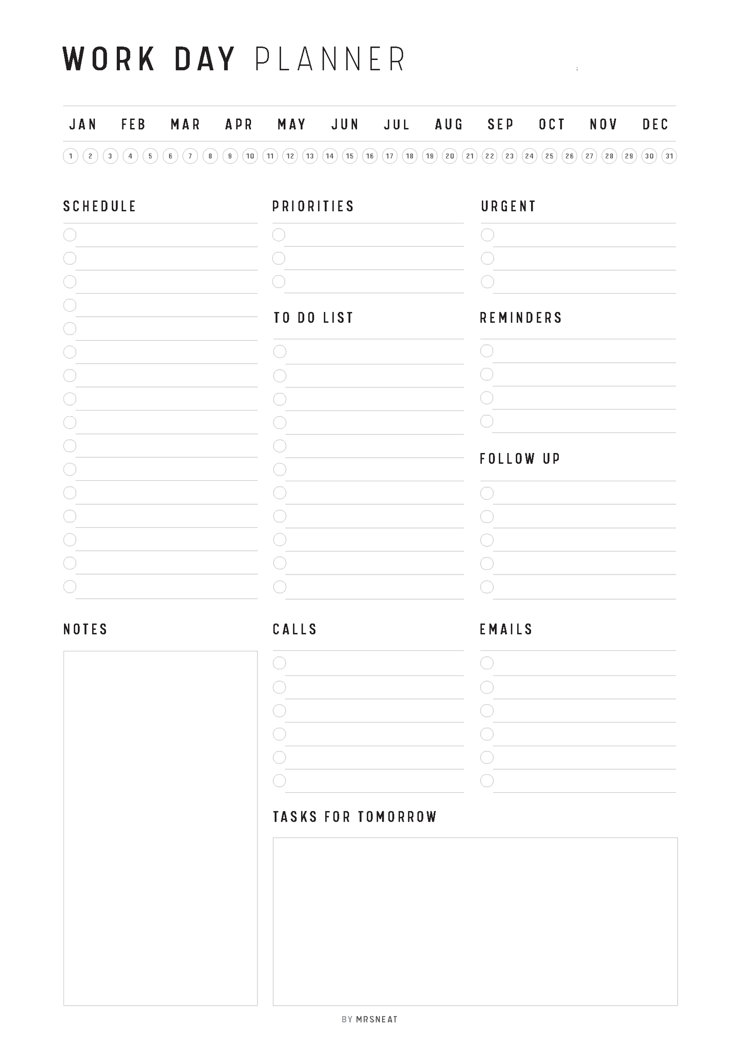 Work day planner with monthly calendar and various sections for scheduling and tasks.