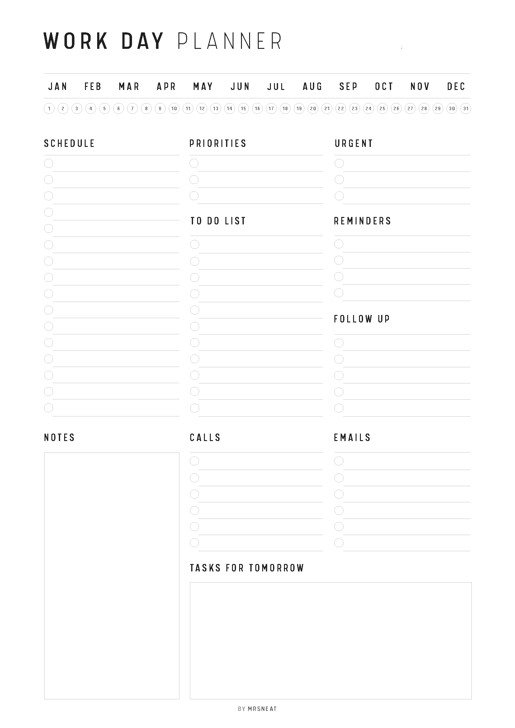 Work day planner with monthly calendar and various sections for scheduling and tasks.