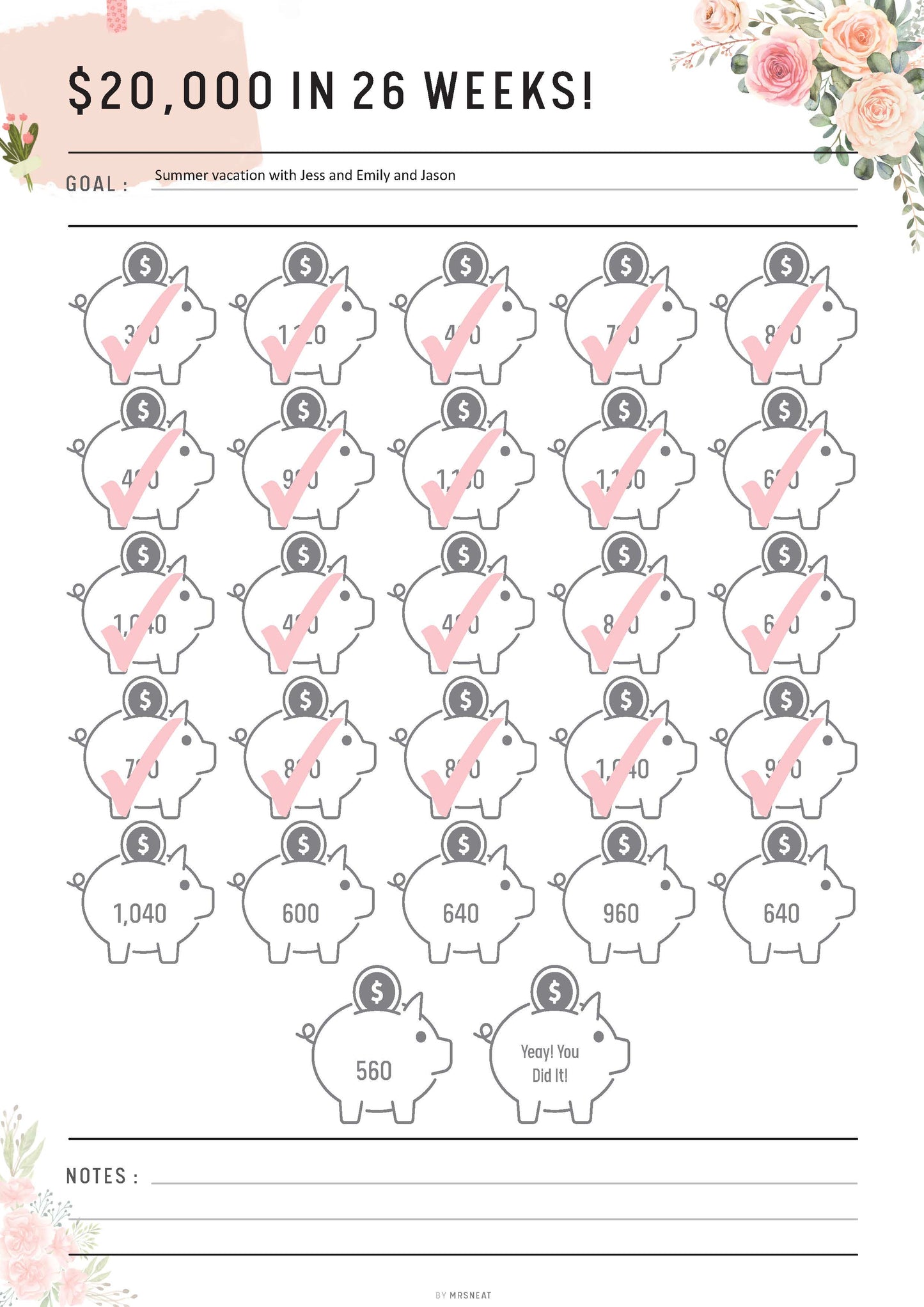 Floral 20000 Savings Challenge in 26 Weeks, Saving 20000 for retirement, Save 20K in 26 weeks, Fillable 26 weeks savings challenge, PDF