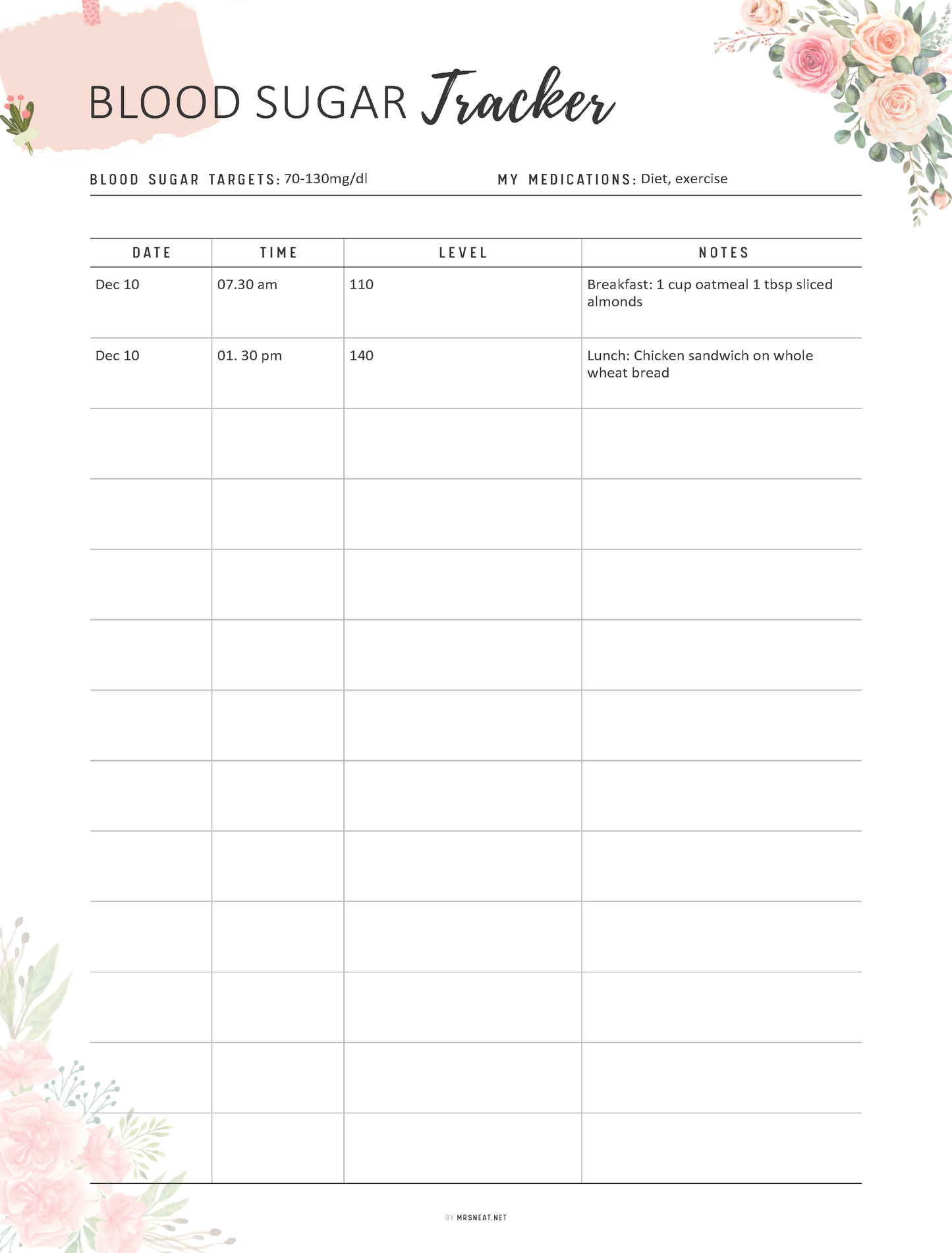 Blood sugar tracker with floral designs on a white background