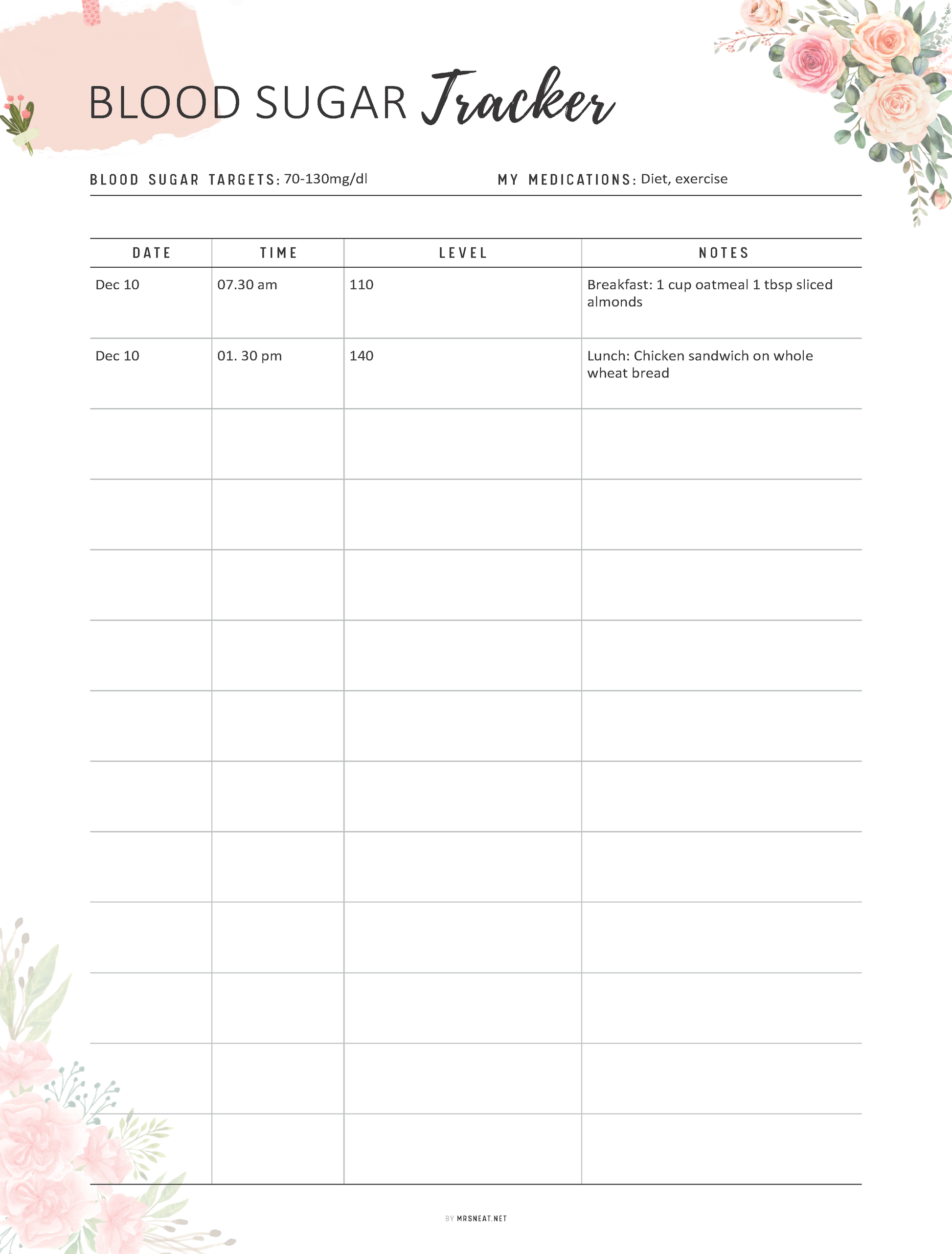 Blood sugar tracker with floral designs on a white background