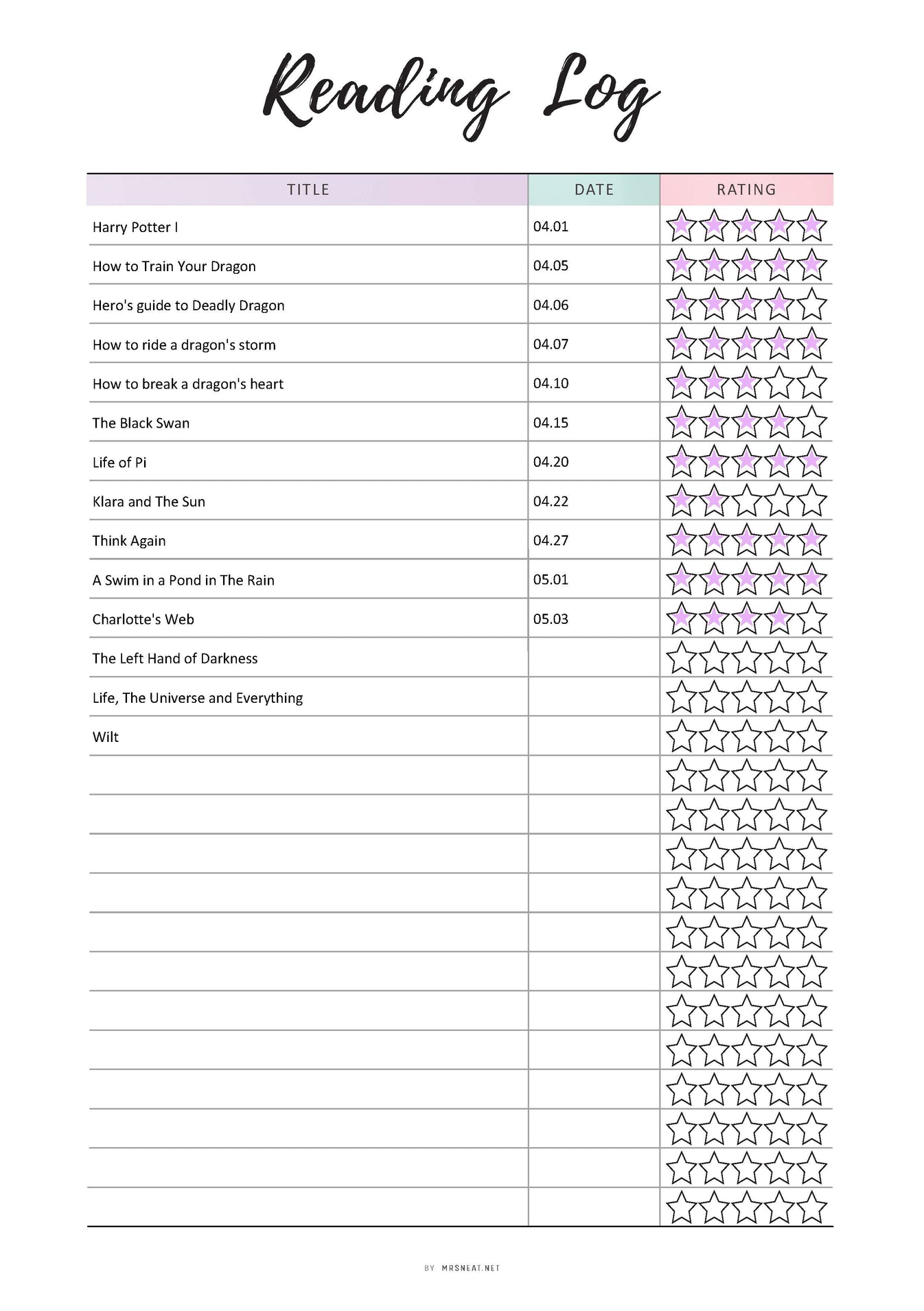 Colorful Reading Log Template Printable - M332 – mrsneat