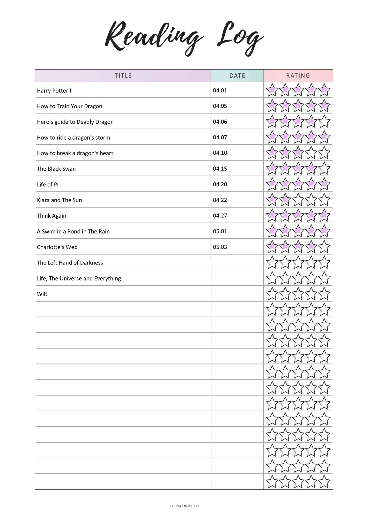 Colorful Reading Log Template Printable - M332 – mrsneat