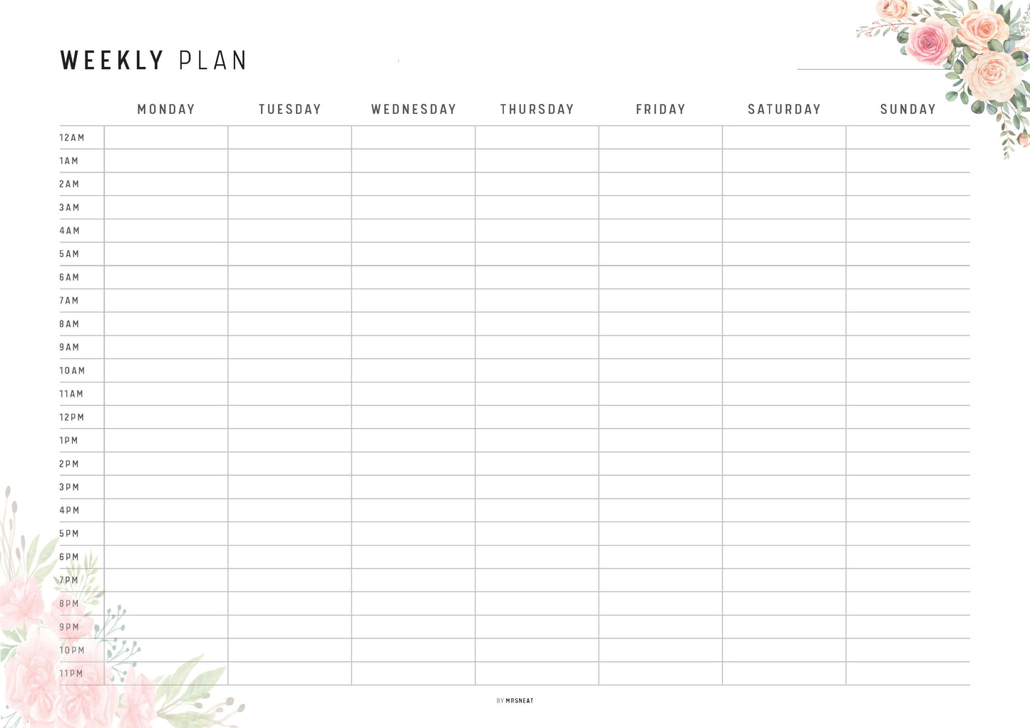 Hourly Weekly Schedule Landscape, Printable Weekly Planner, Week At a Glance, Weekly Agenda, Desk Planner, Weekly To Do List,