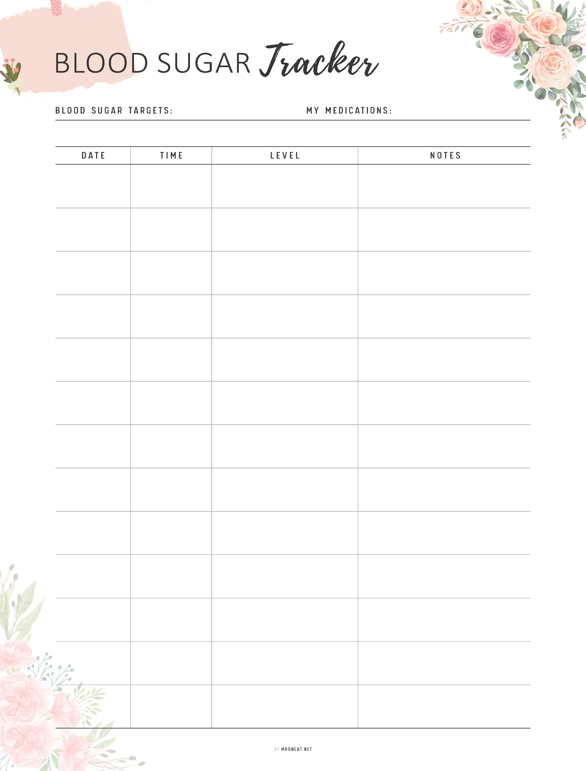 Blood sugar tracker with floral designs on a white background