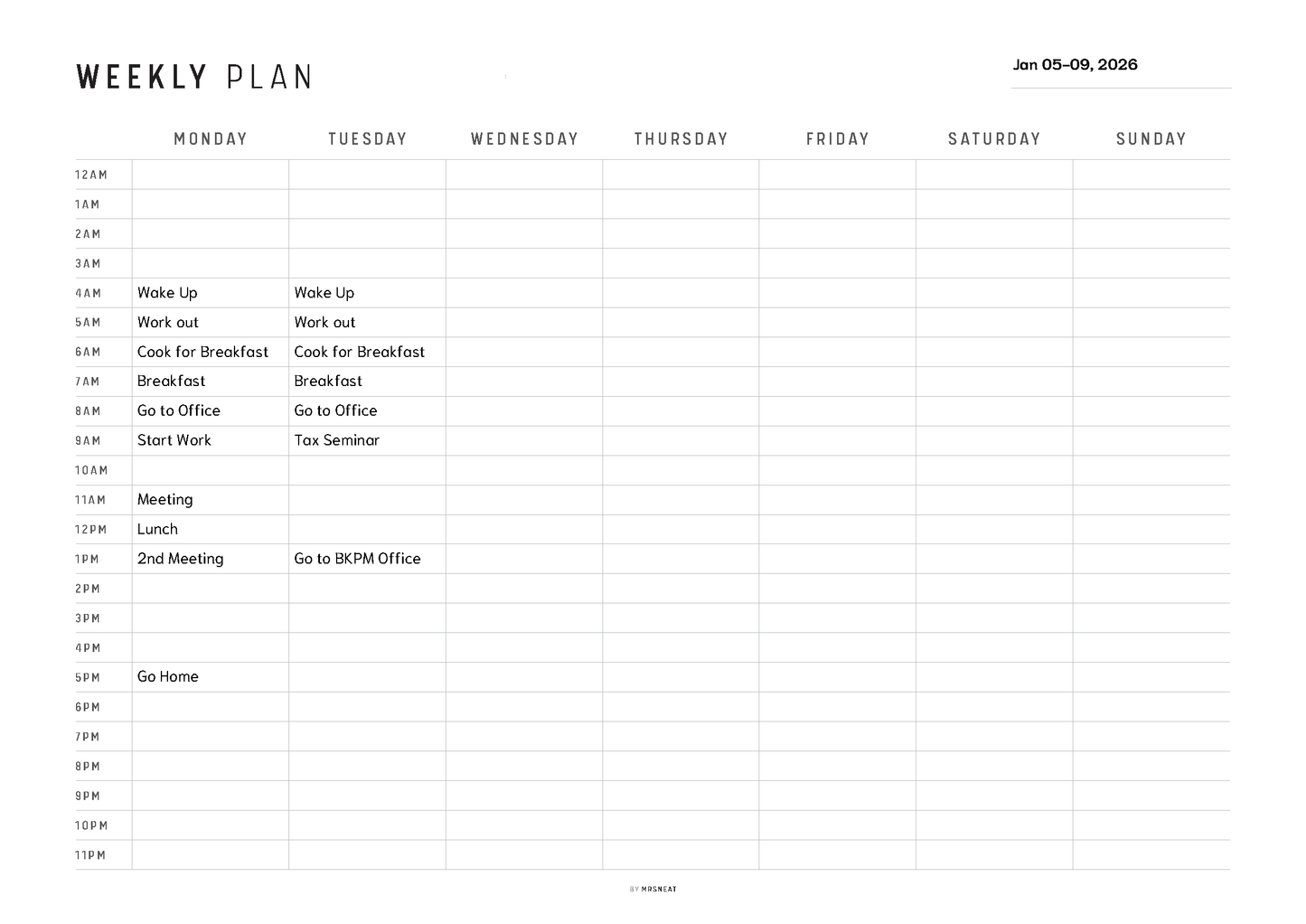 Weekly plan template with time slots for daily activities