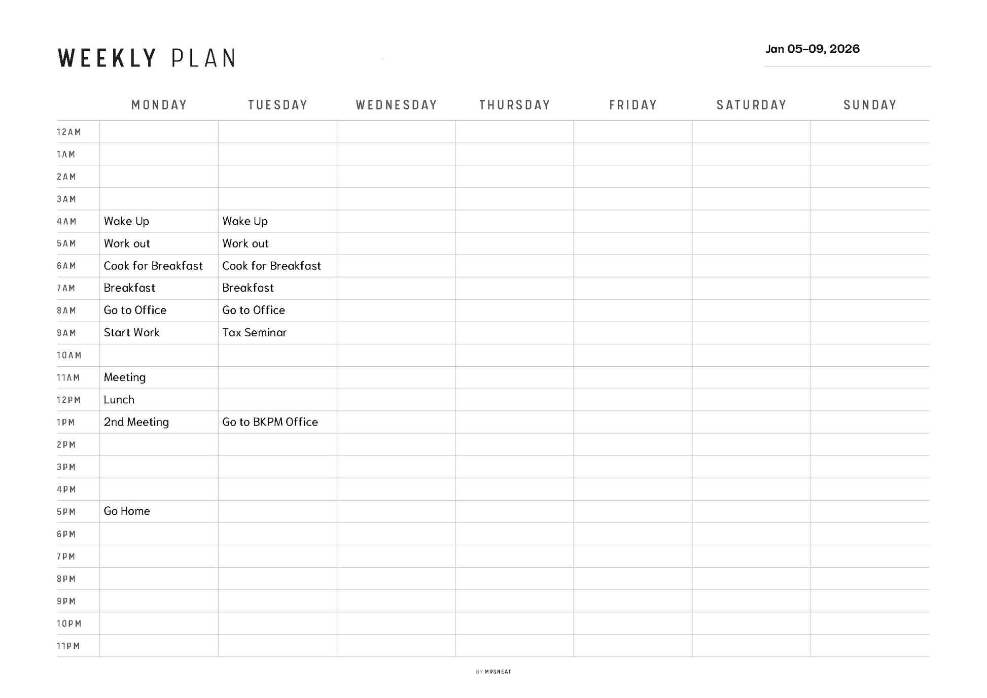 Weekly plan template with time slots for daily activities