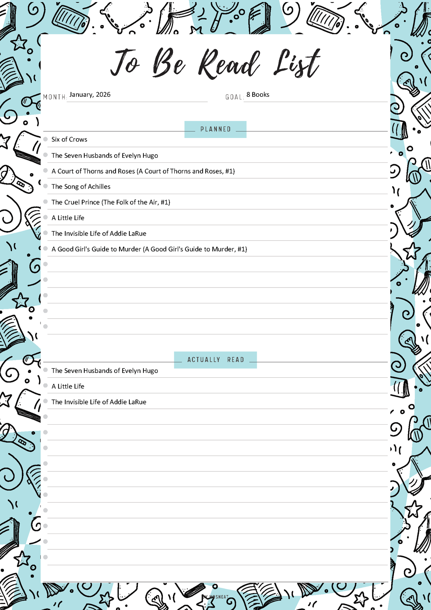 To-Be-Read List with book-themed border and reading list entries.
