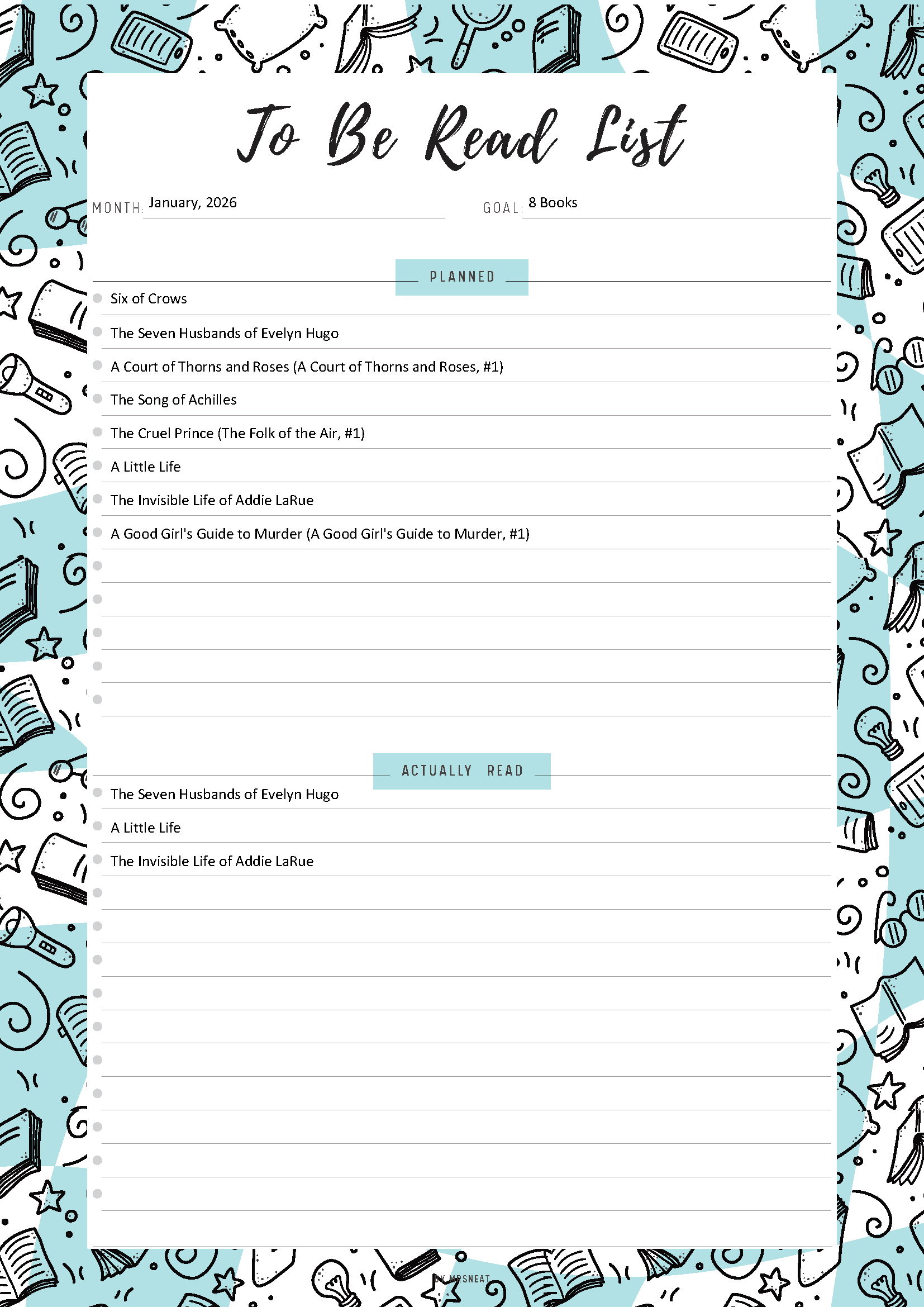 To-Be-Read List with book-themed border and reading list entries.