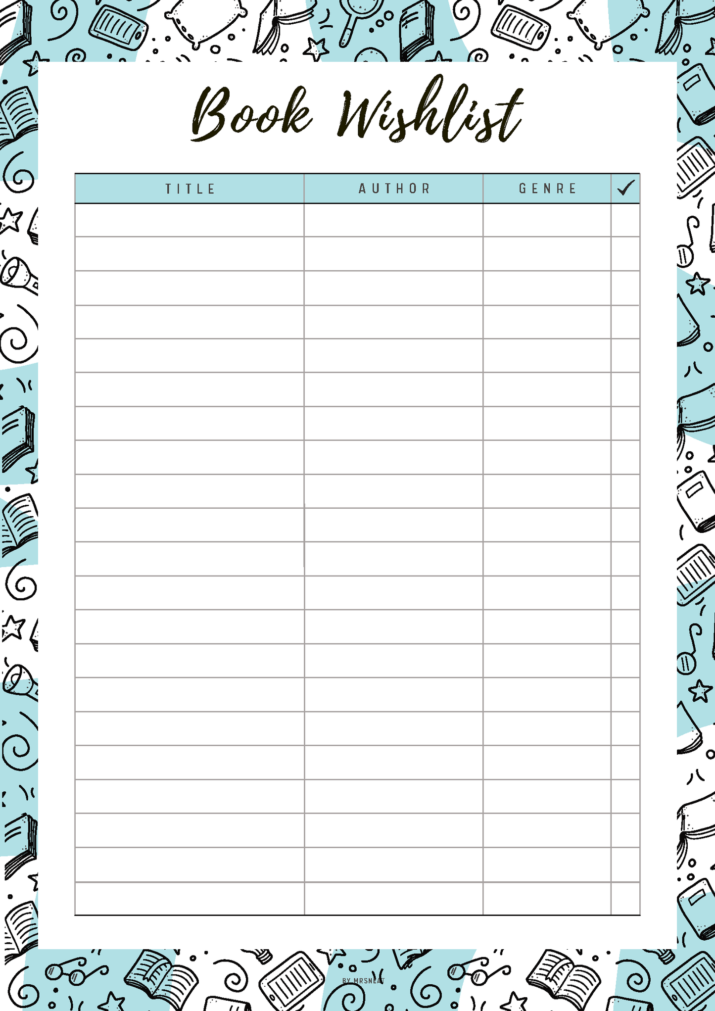 Book wishlist form with decorative border and columns for title, author, and genre.