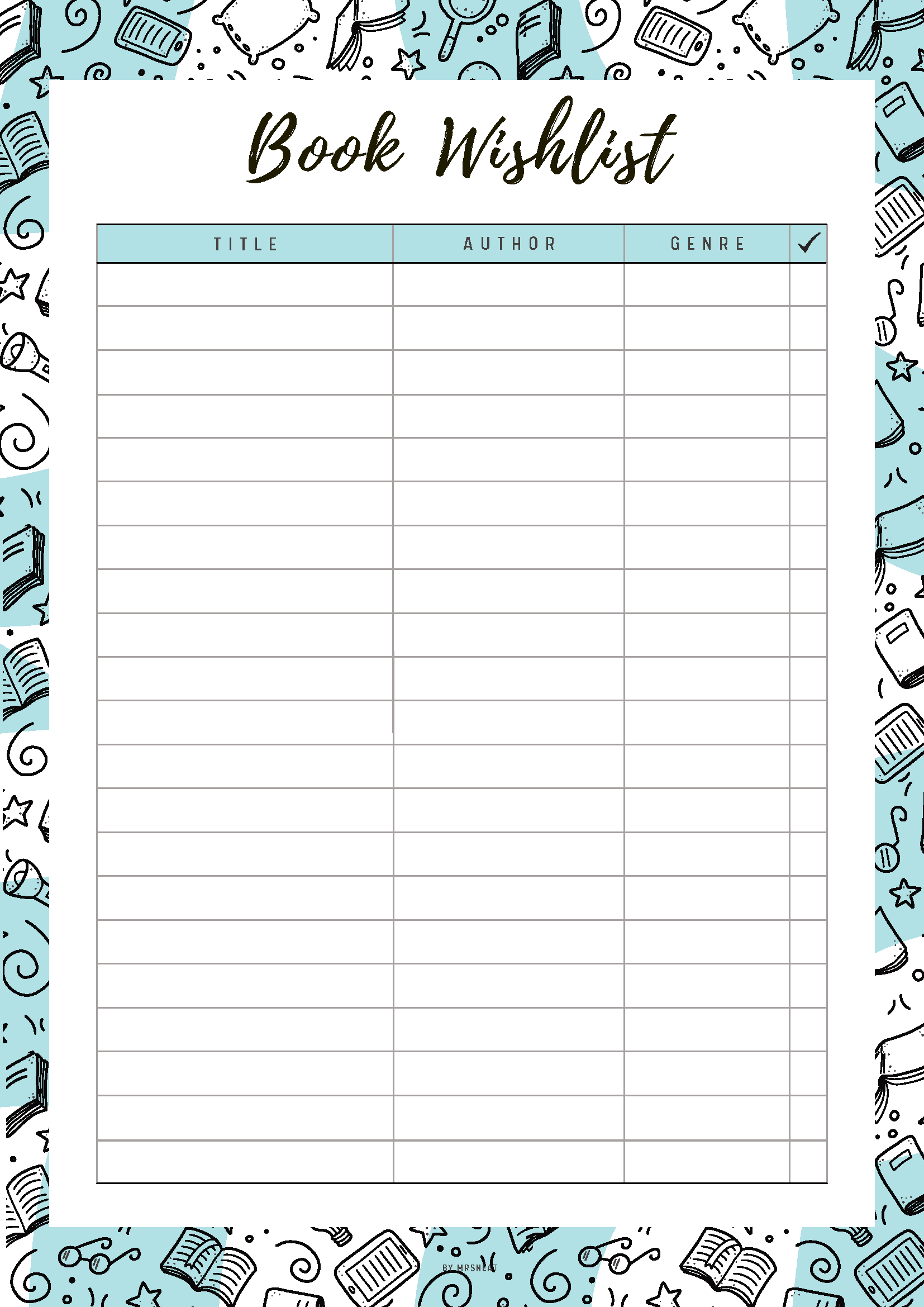 Book wishlist form with decorative border and columns for title, author, and genre.