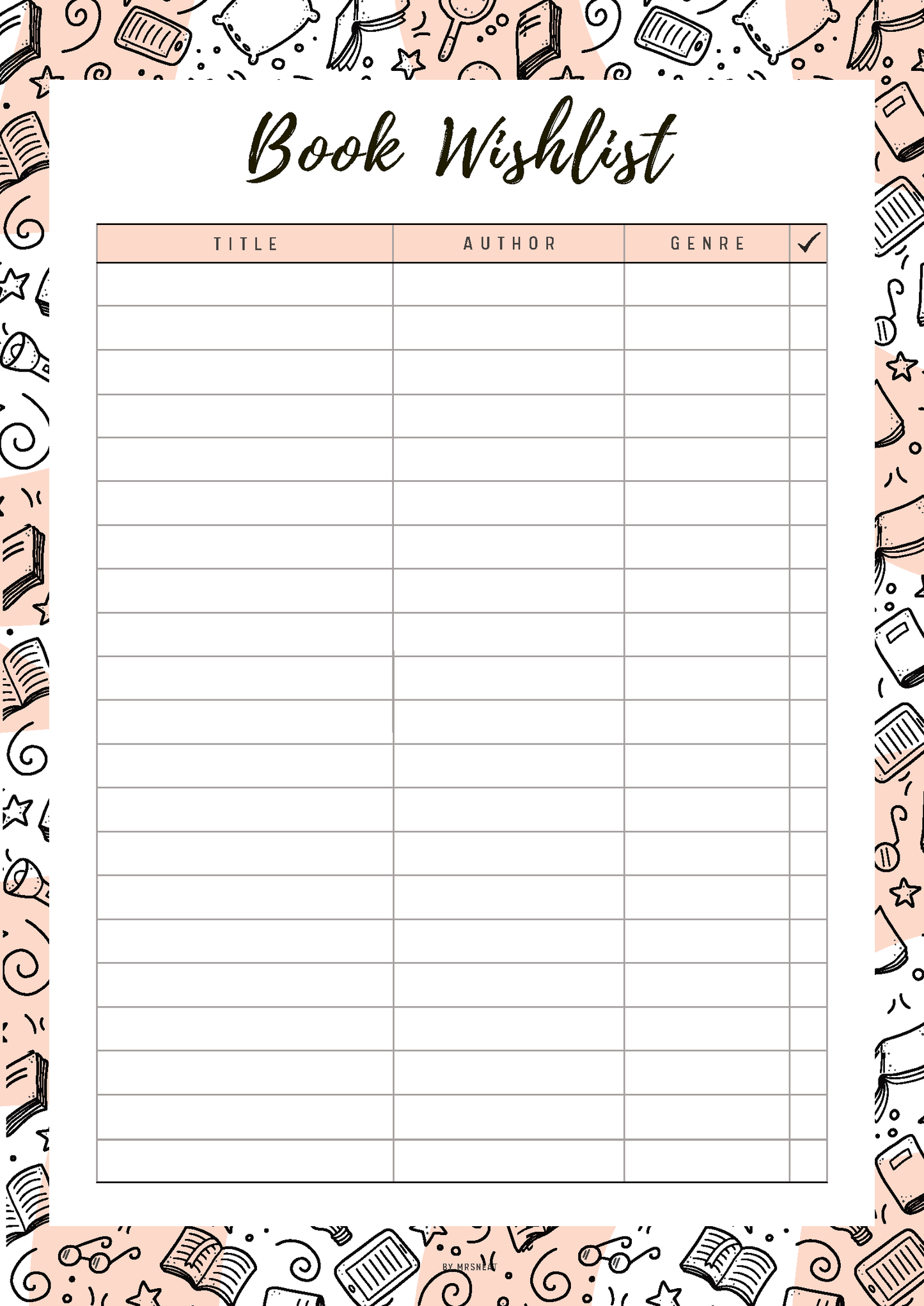 Book wishlist planner with decorative border and columns for title, author, and genre.