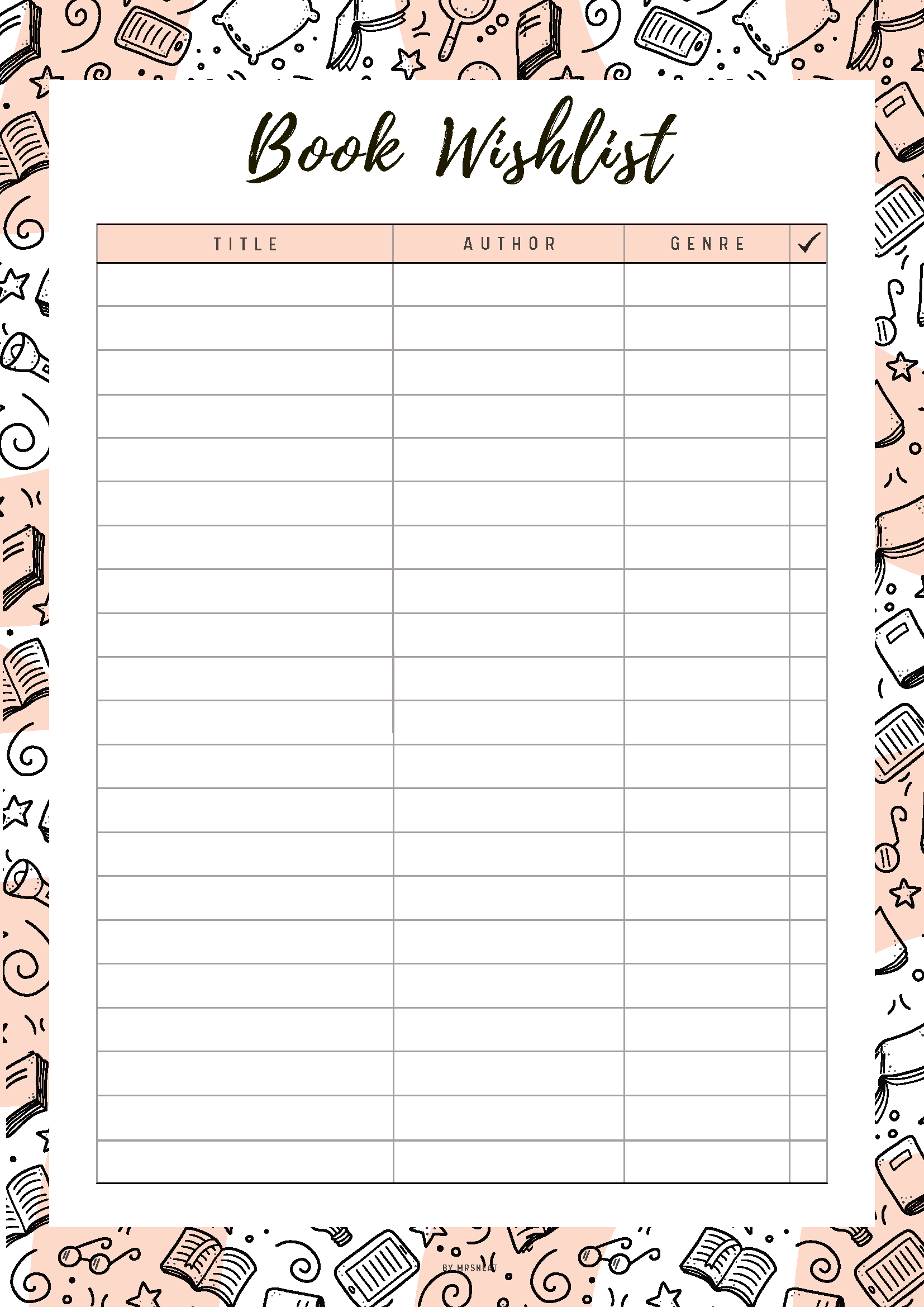 Book wishlist planner with decorative border and columns for title, author, and genre.