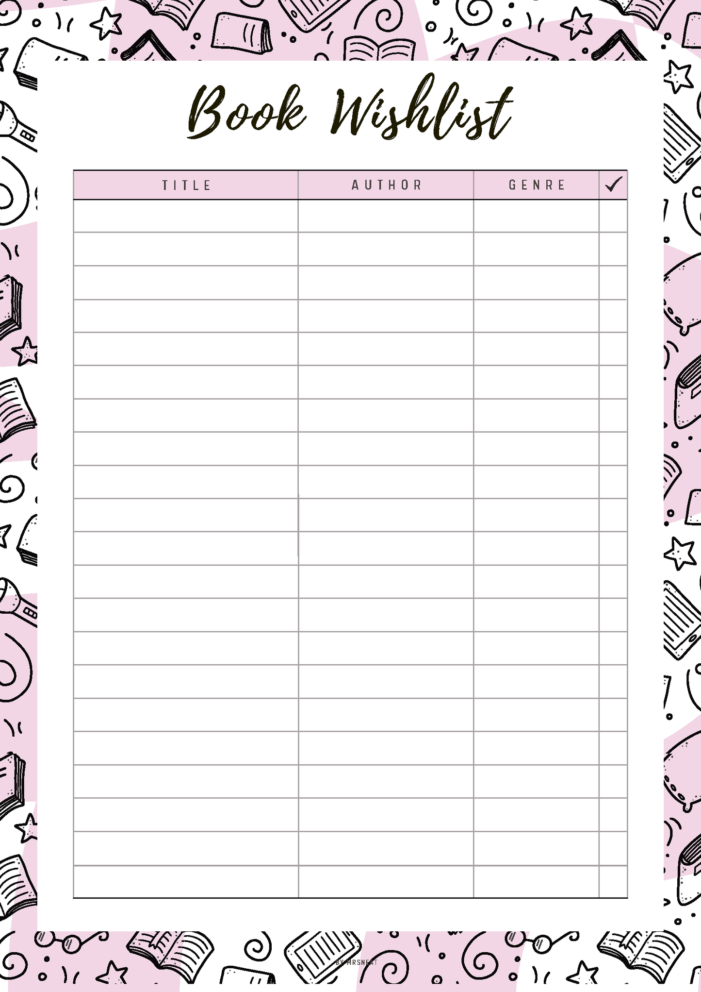 Book wishlist form with decorative book-themed border on a pink background