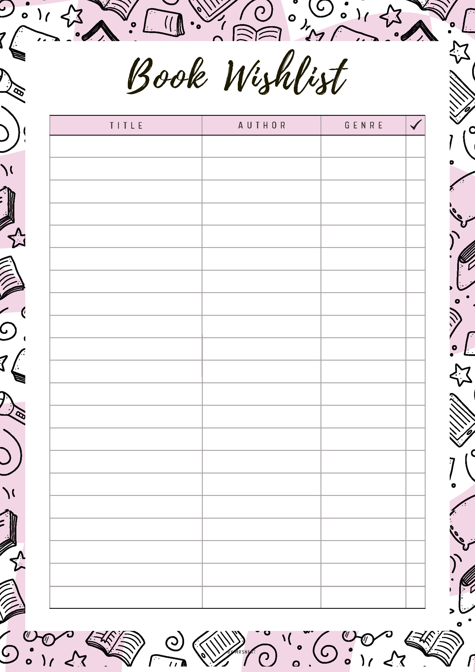 Book wishlist form with decorative book-themed border on a pink background