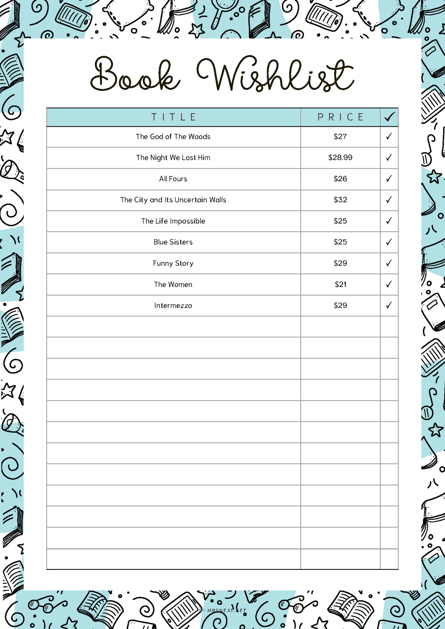 Book wishlist list with titles, prices, and checkboxes on a decorative background.