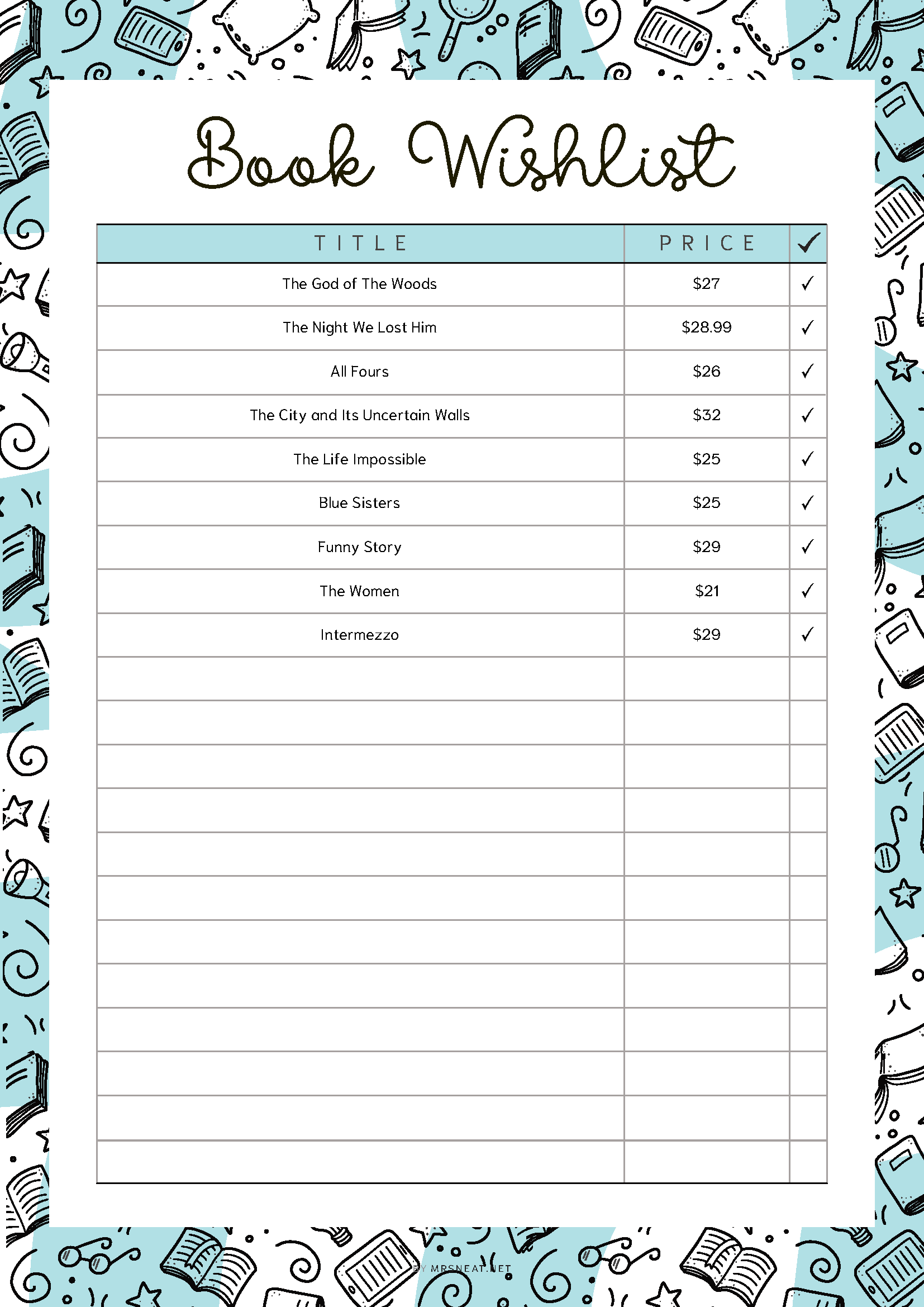 Book wishlist list with titles, prices, and checkboxes on a decorative background.