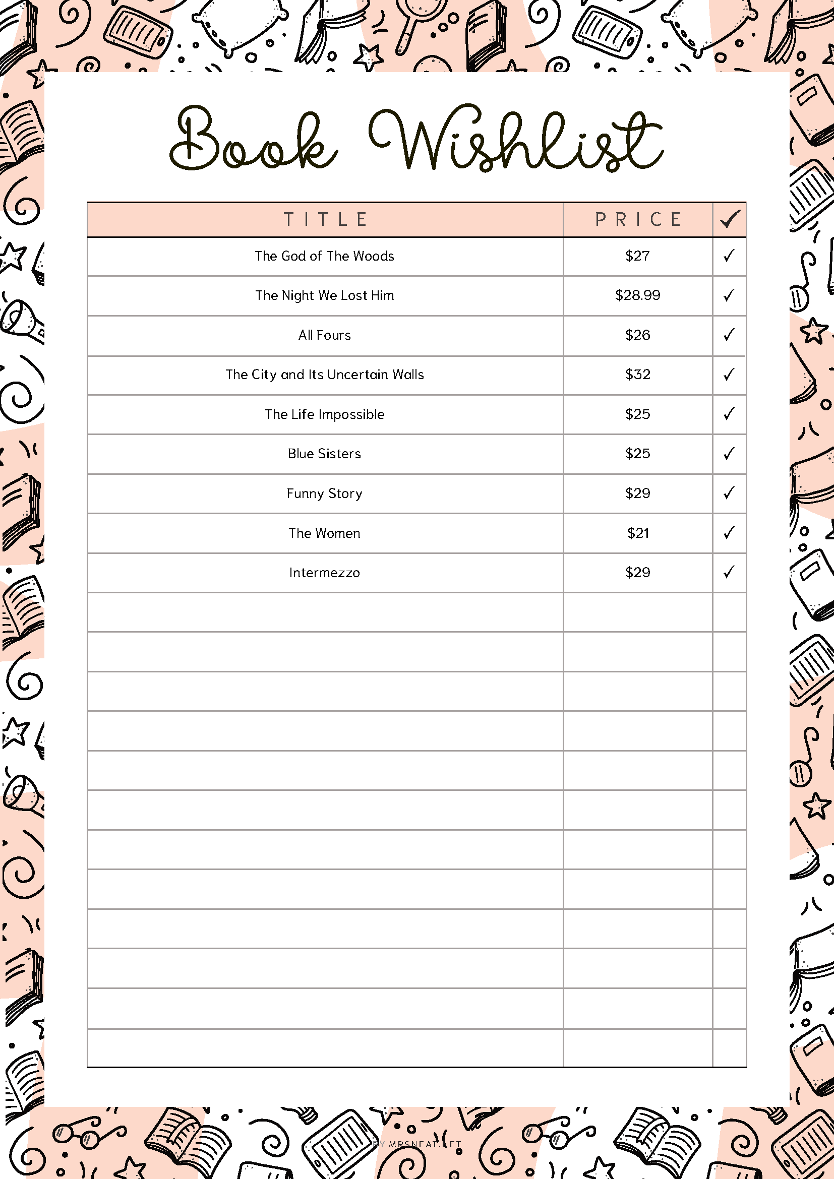 Book wishlist list with titles, prices, and checkboxes on a decorative background.