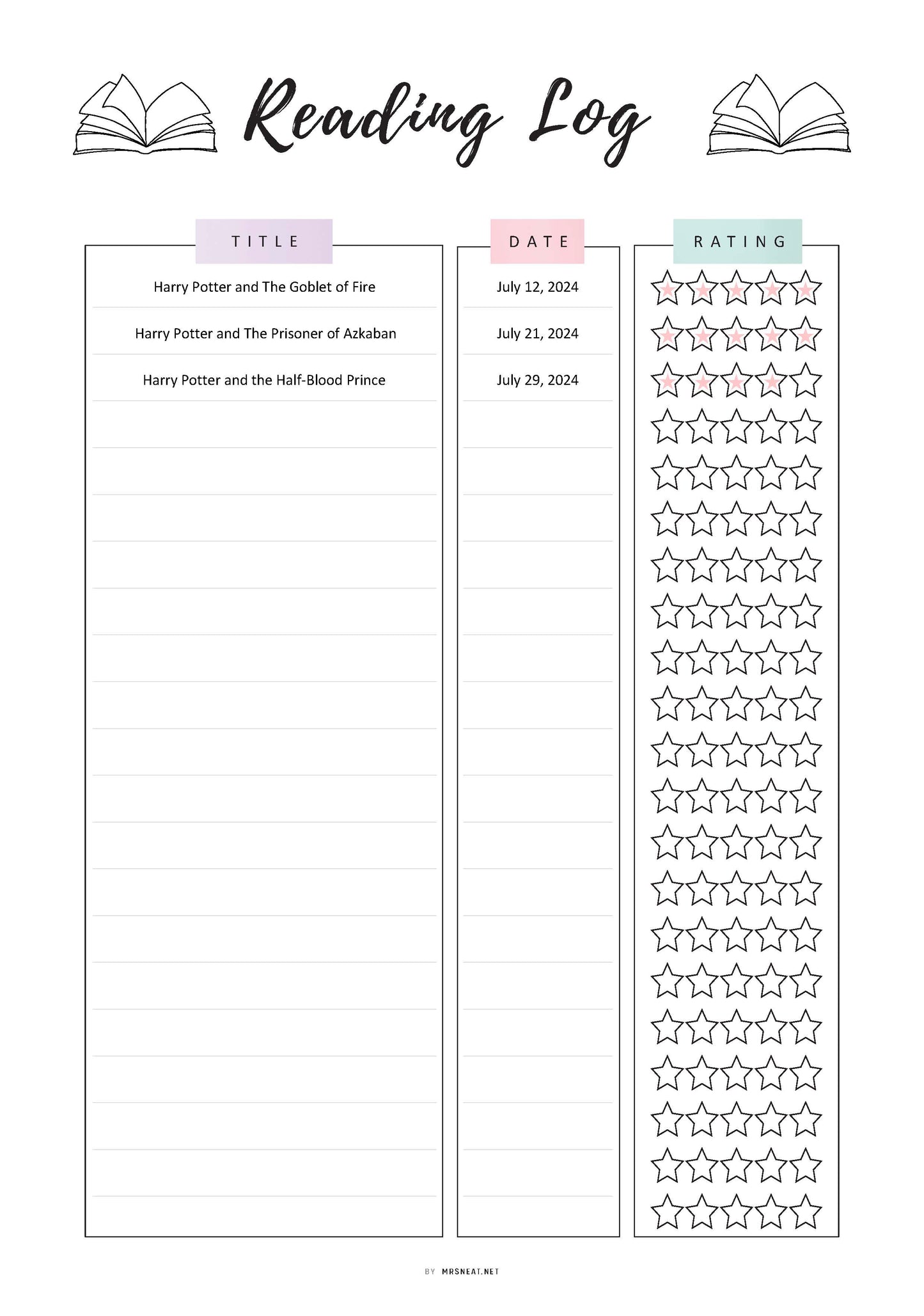 Reading Log Printable, Books To Read, TBR List, Fillable Reading Tracker, Book Log, Book I have read, A4, A5, Letter, Half Letter