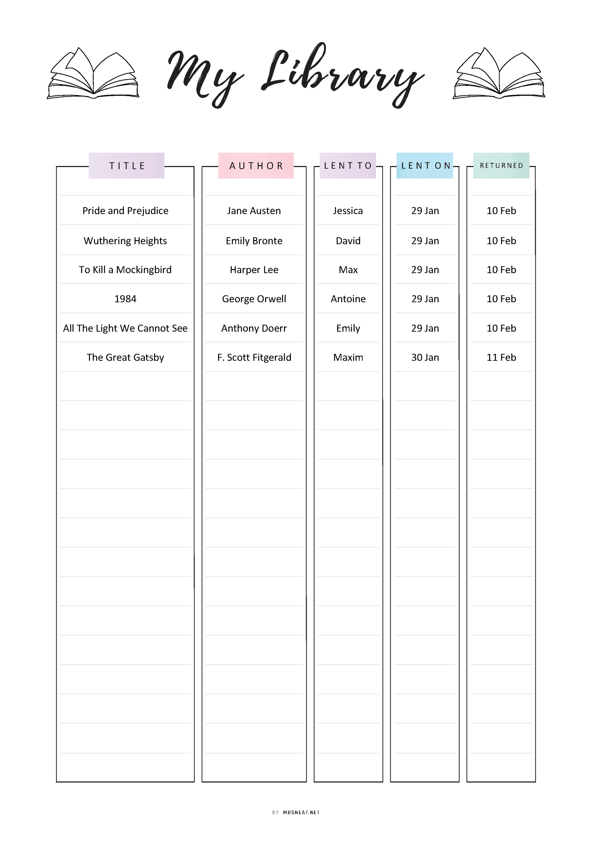 Library book tracking sheet with columns for title, author, loan date, return date, and a decorative border.