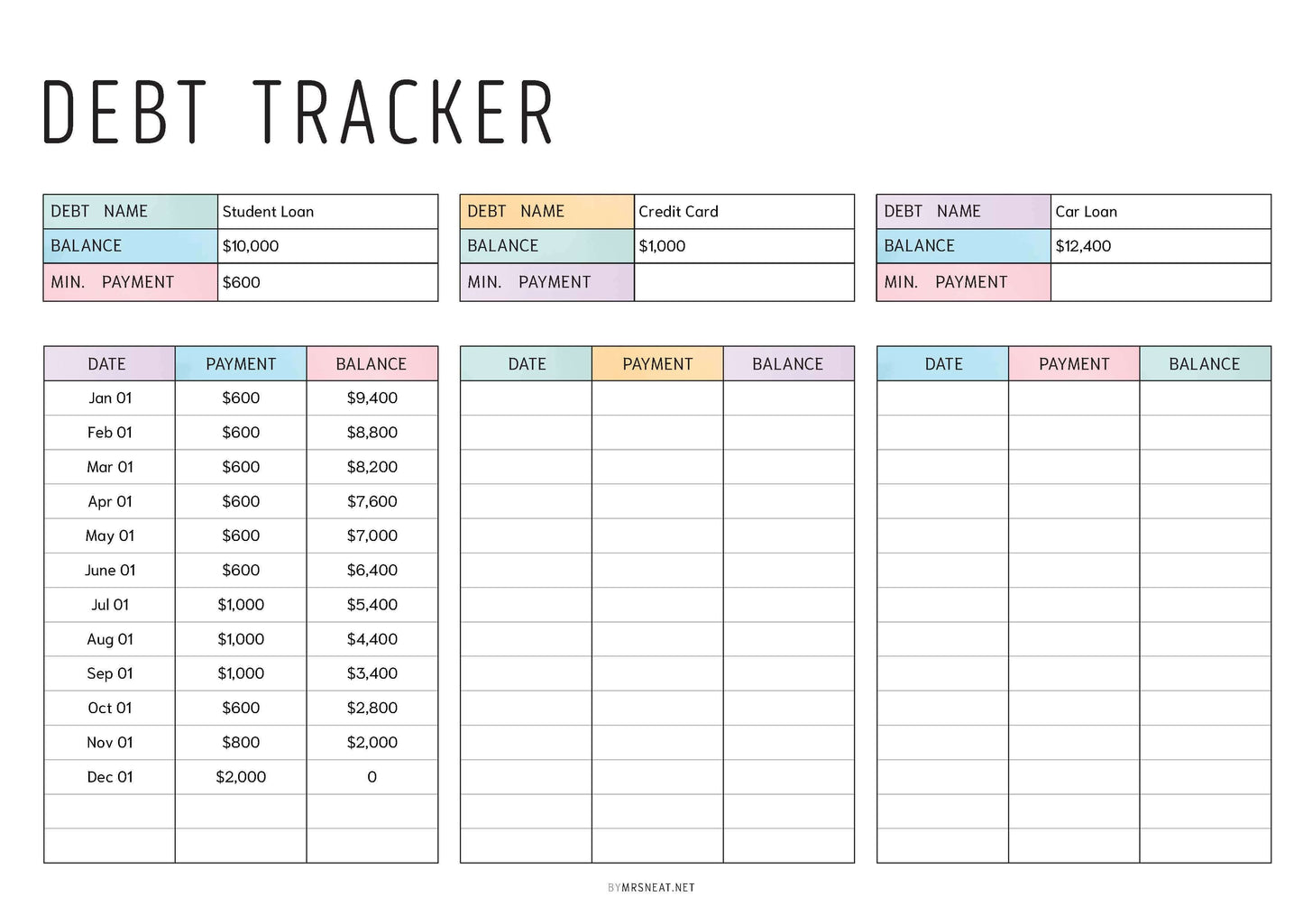 Editable Debt Payment Tracker, PDF, Digital Planner, Printable Planner, 2 Colors, Landscape, Example, A4 size