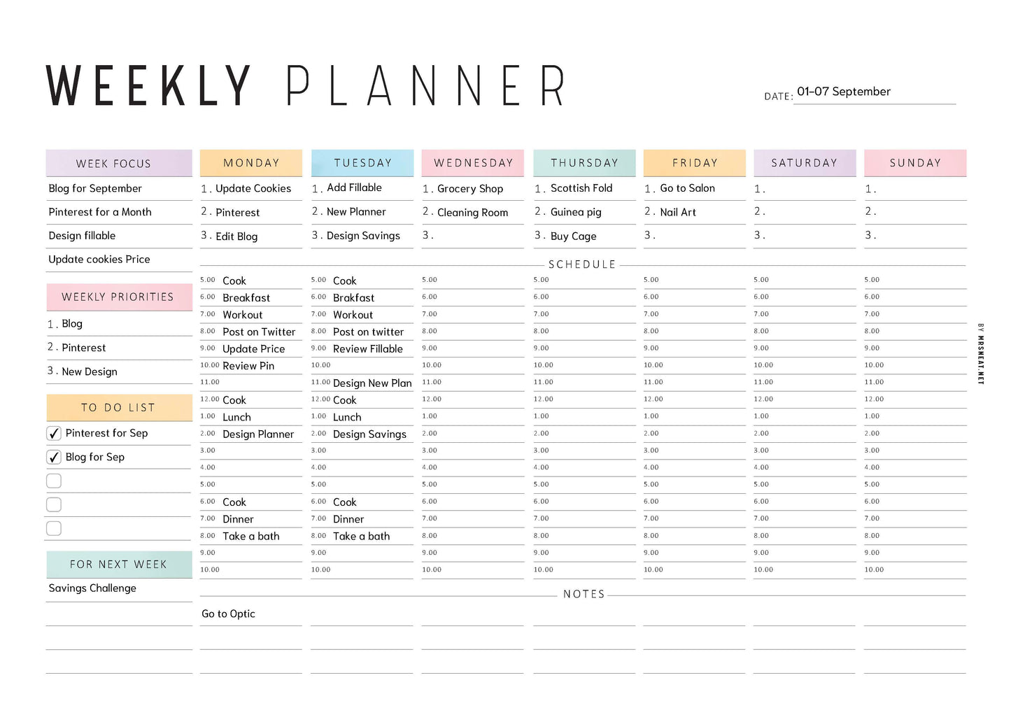 Colorful Weekly Hourly Planner Template Printable, Minimalist Option, A4, Letter, Sunday and Monday start options included, Landscape Template, Digital Planner