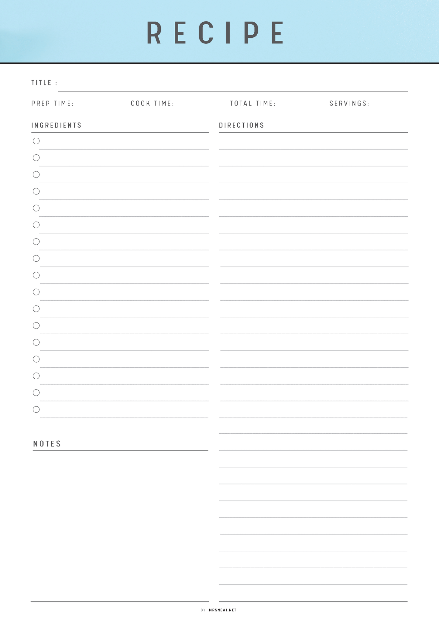 Blank recipe card with columns for title, preparation time, cook time, total time, servings, ingredients, directions, and notes on a light blue background.