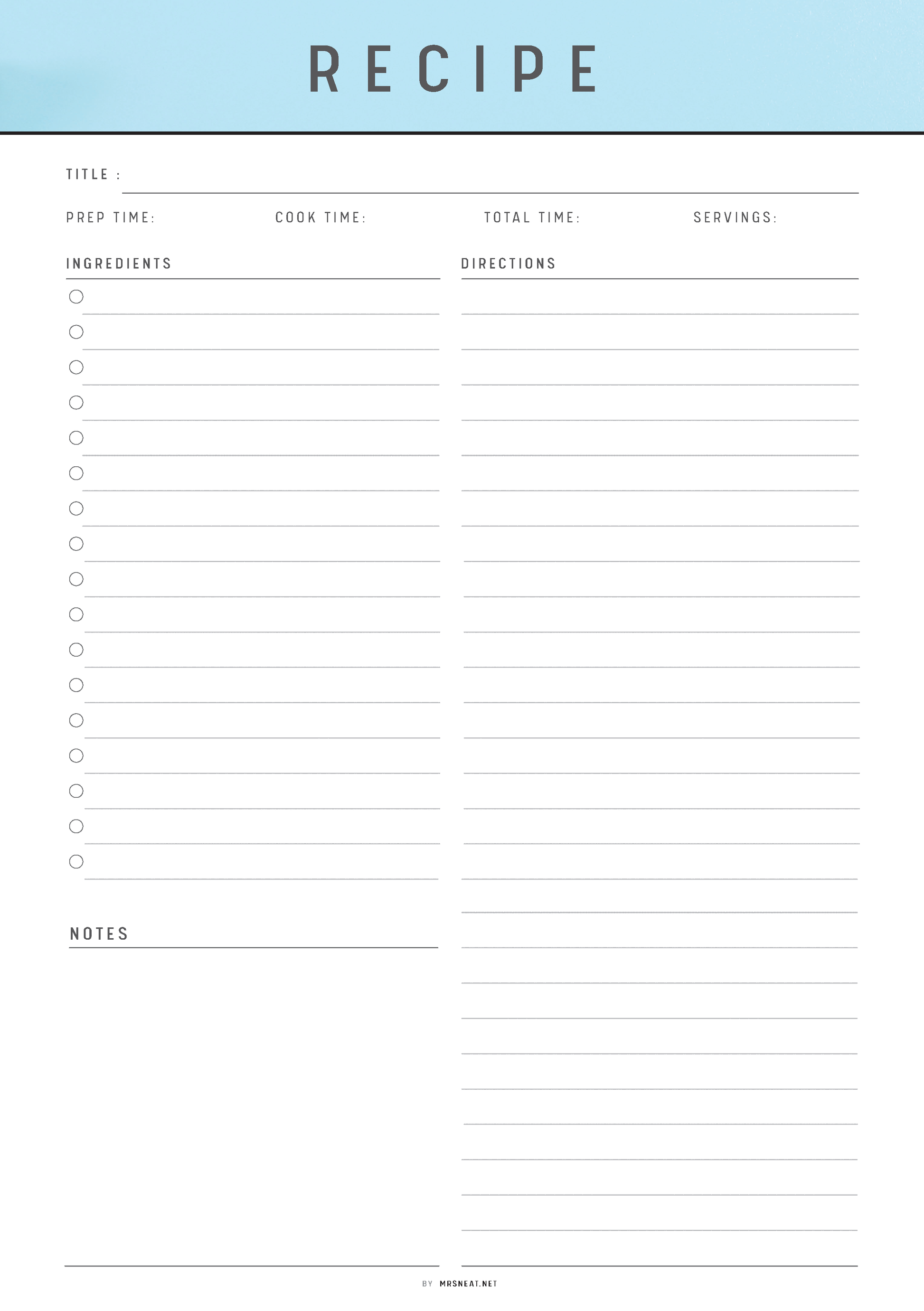 Blank recipe card with columns for title, preparation time, cook time, total time, servings, ingredients, directions, and notes on a light blue background.