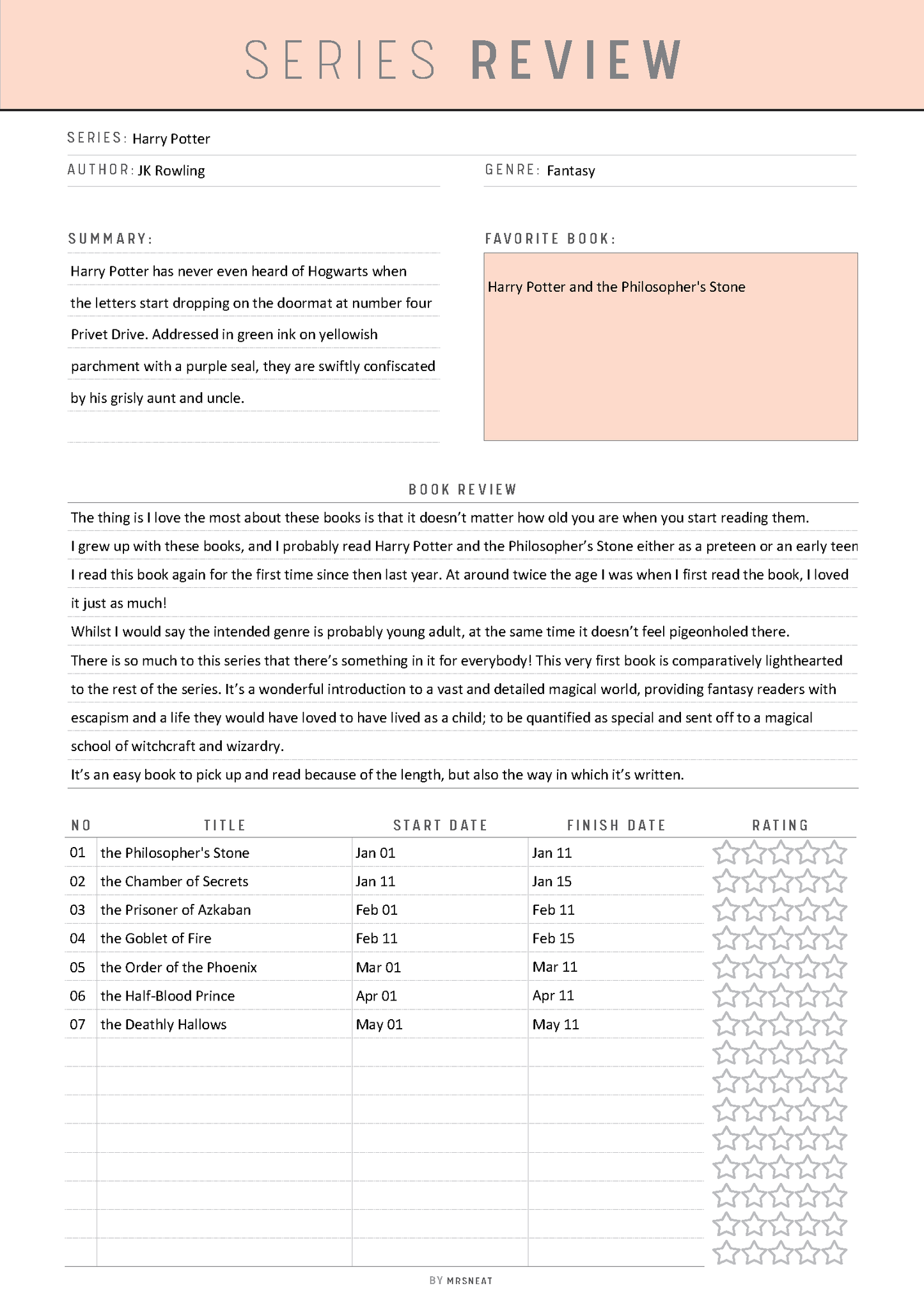 Book review of 'Harry Potter' series with a pink header and footer.