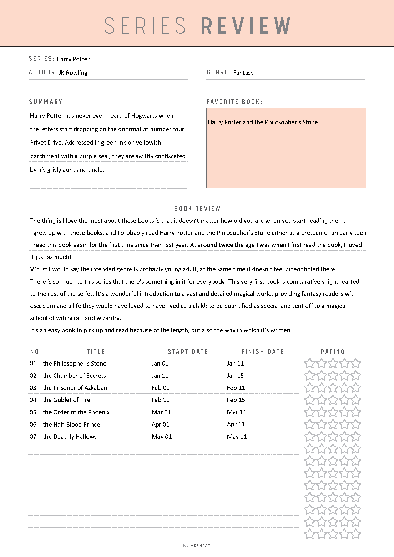 Book review of 'Harry Potter' series with a pink header and footer.