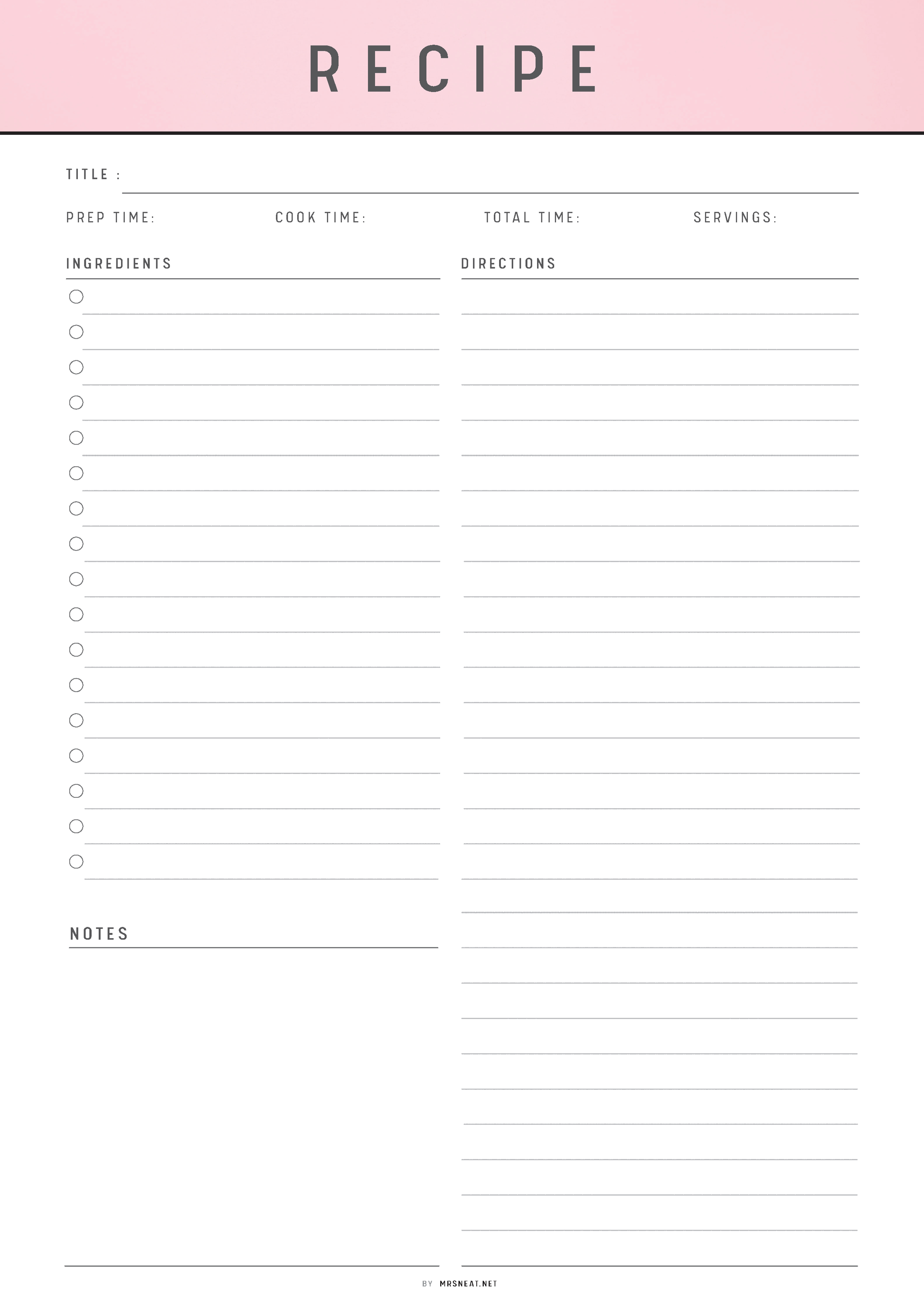 Blank recipe card with pink header and white background