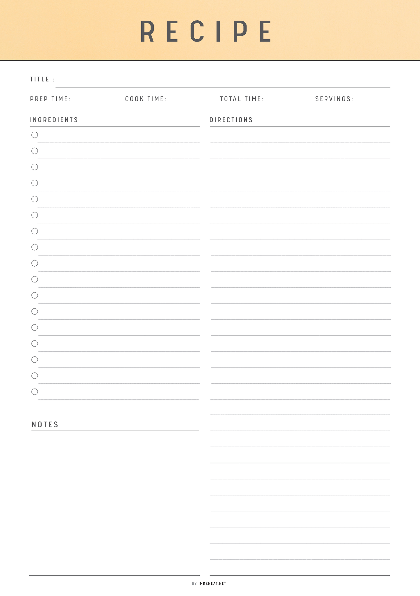 Blank recipe card with columns for title, preparation time, cook time, total time, servings, ingredients, directions, and notes.