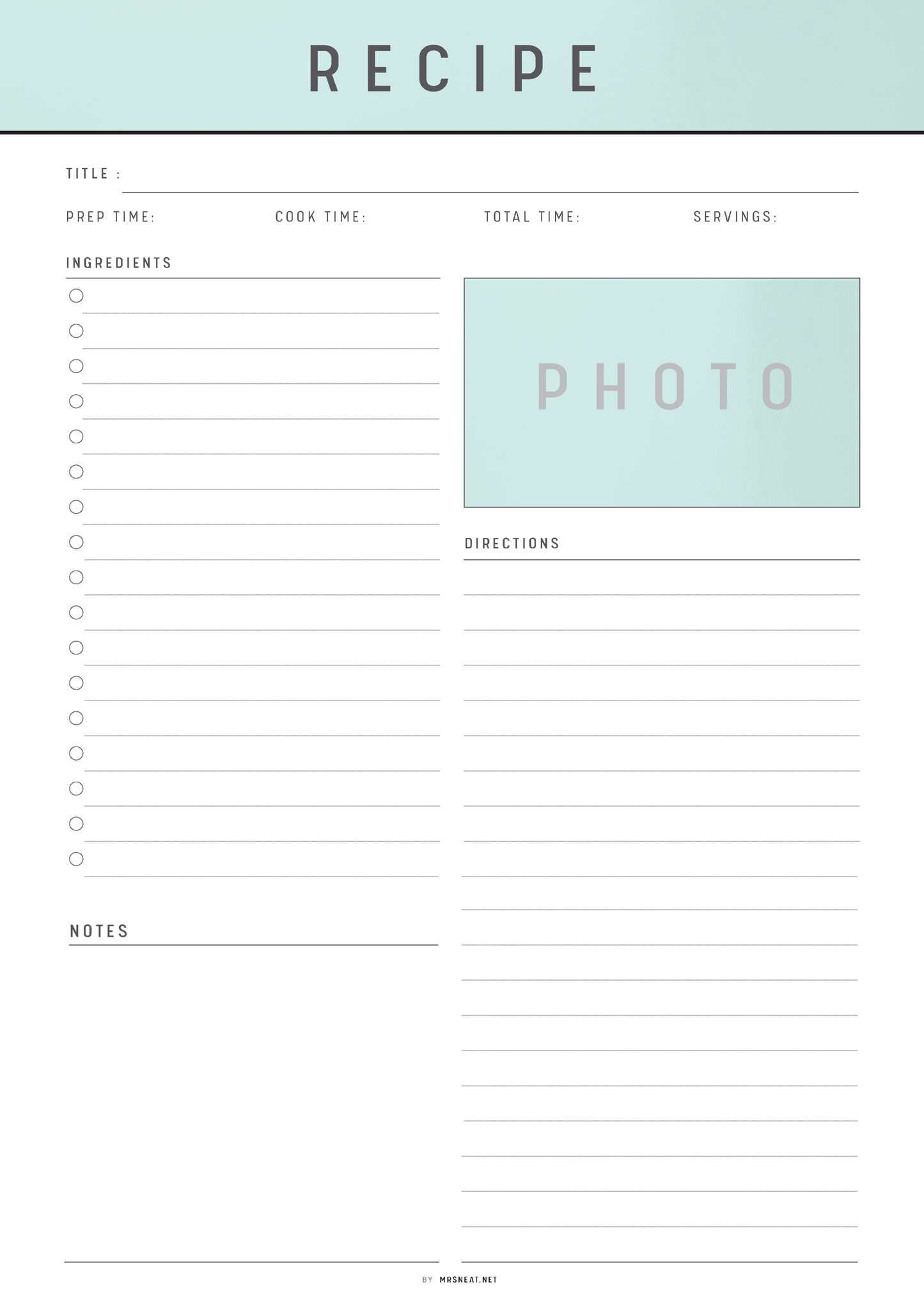Blank recipe card template with space for title, time, ingredients, directions, and notes.