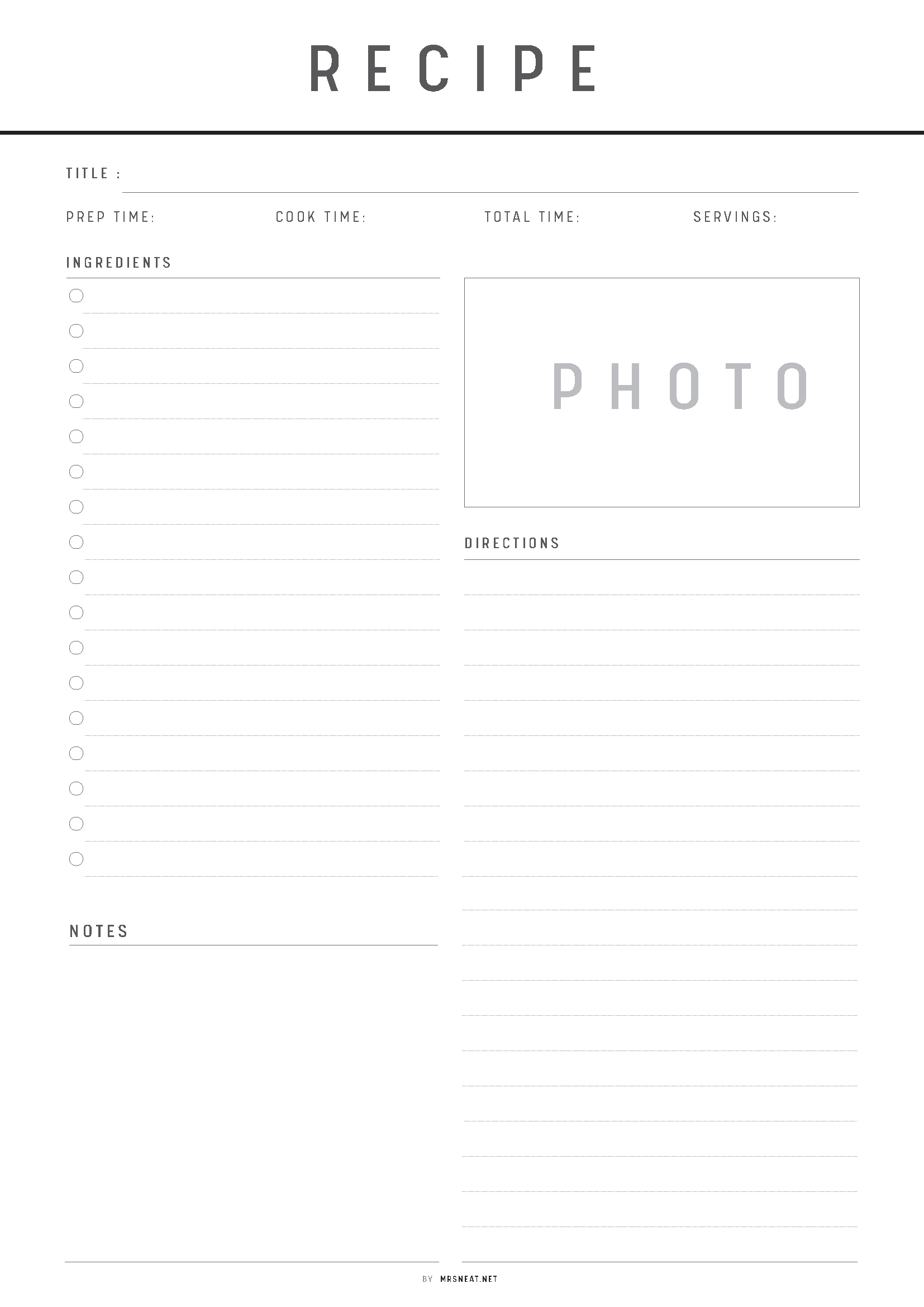 Blank recipe card template with space for title, time, ingredients, directions, and notes.