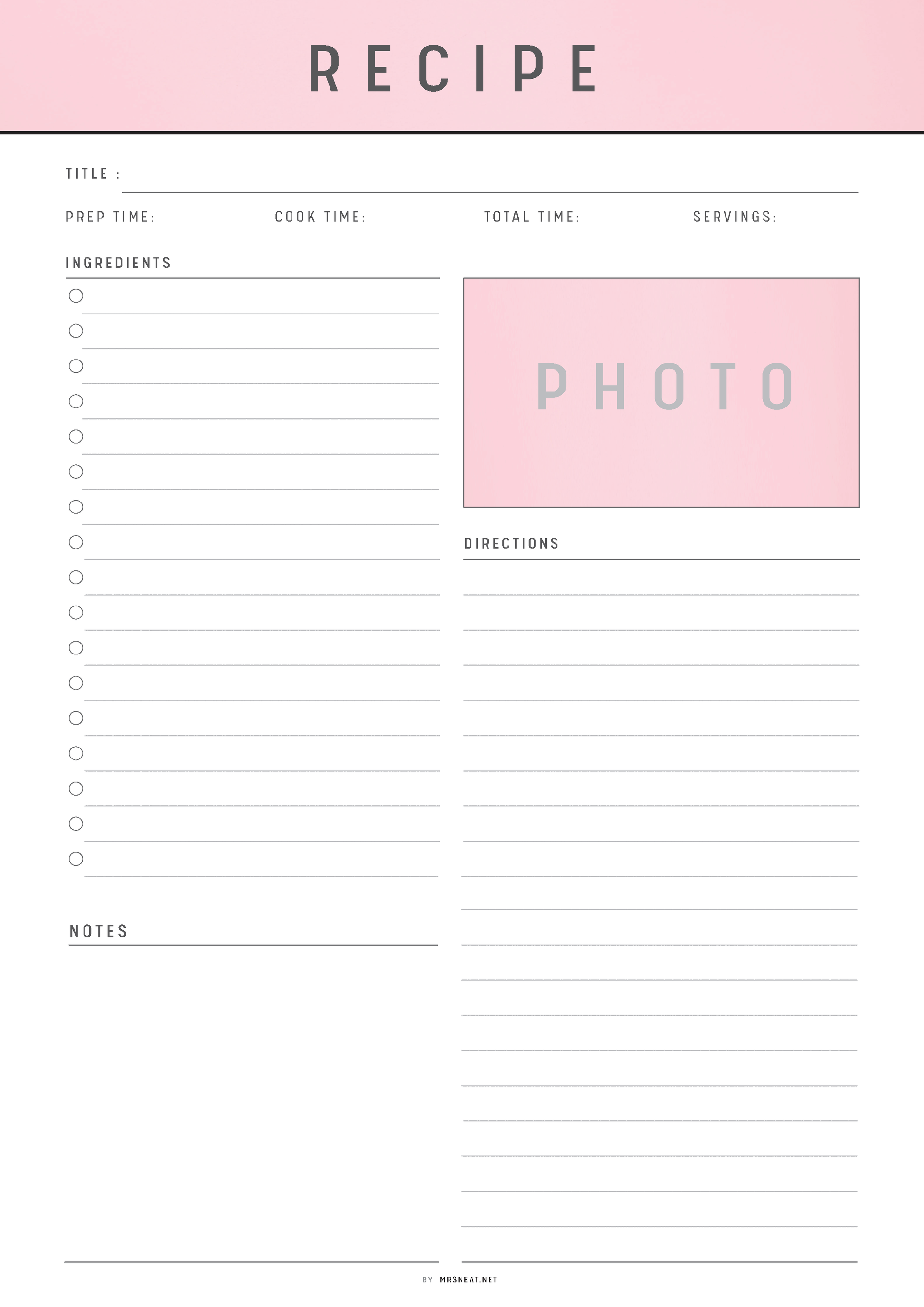 Blank recipe card template with pink header and footer