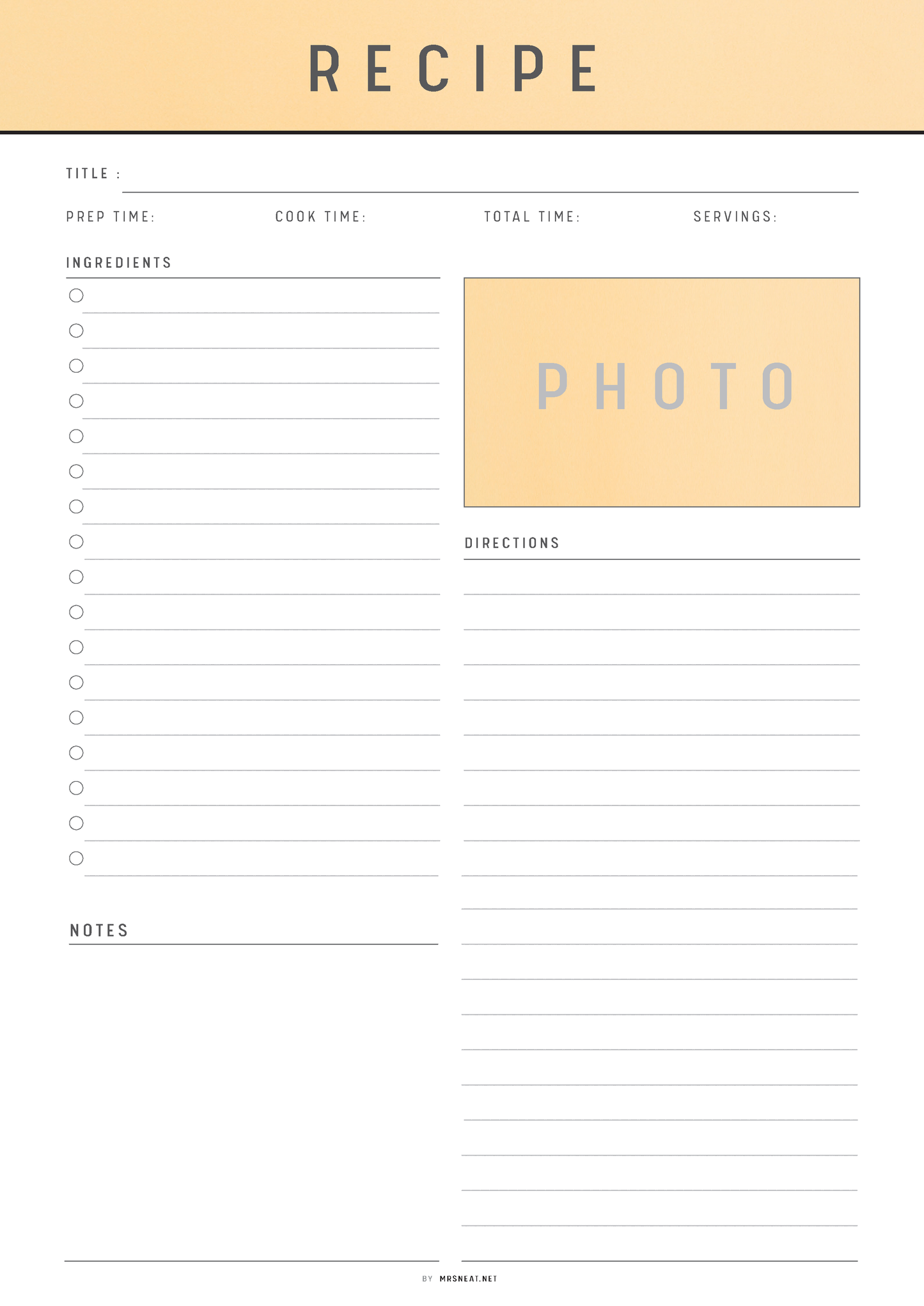 Blank recipe card template with space for title, time, ingredients, directions, and notes.