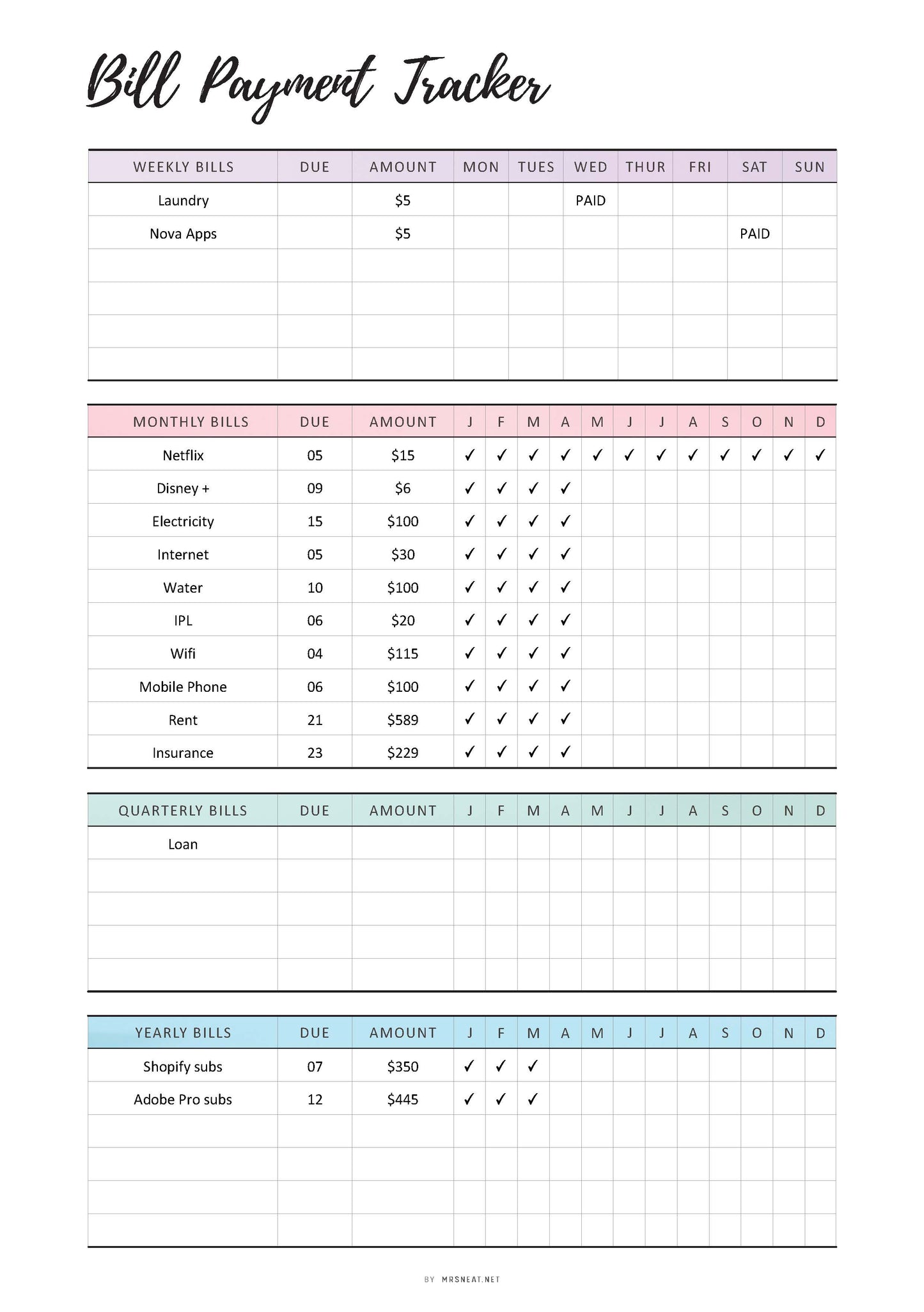 Bill Payment Tracker Printable, Bill Tracker Template, Weekly Monthly Quarterly Yearly Bill Log, Fillable Bill Payment Checklist, 2 Colors, Fillable PDF, Digital Planner, Printable Planner, Colorful, Minimalist